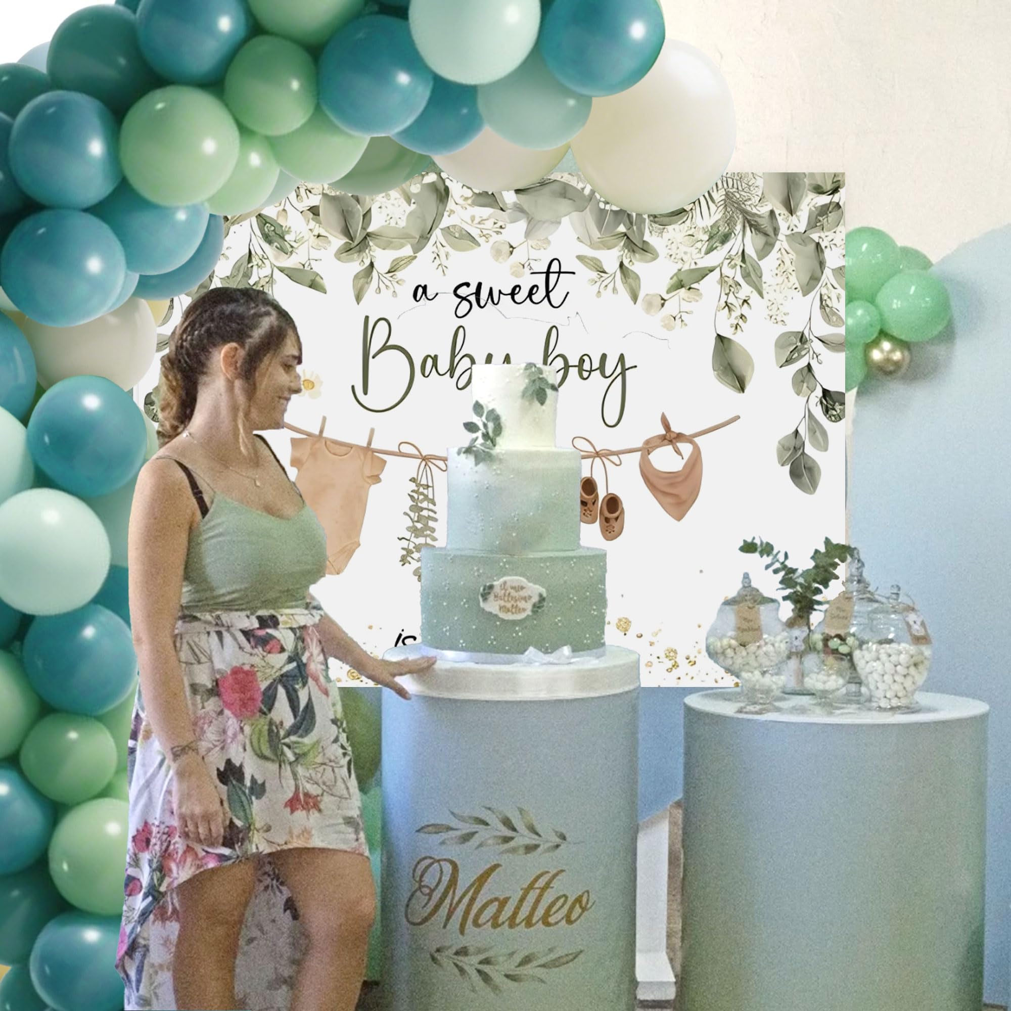 Baby Shower Backdrop for Boys Greenery A Sweet Baby Boy is On The Way Decoration Boy Green Leaves Baby Shower Party Balloons Banner Supplies Photo Booth Props - Image 4