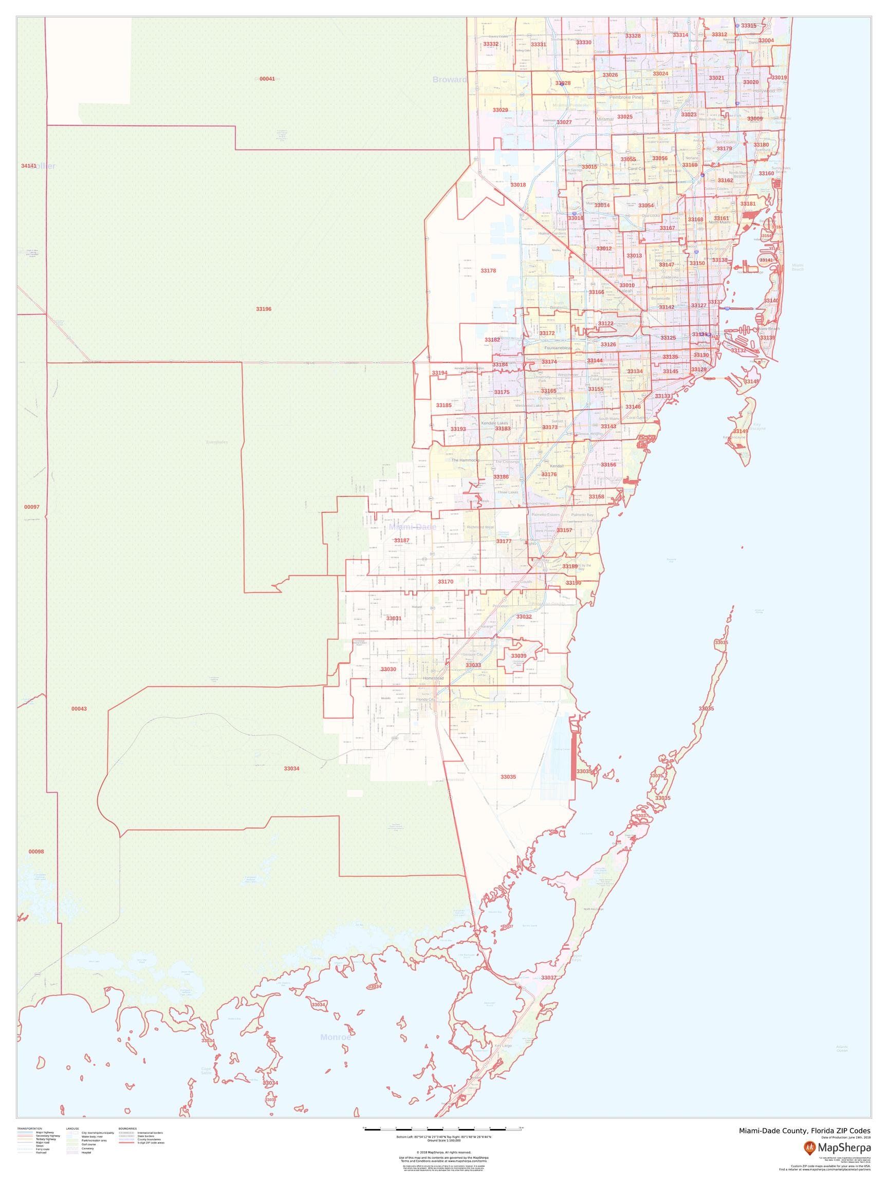 Miami-Dade County, Florida Zip Codes - 36" x 48" Matte Plastic Wall Map