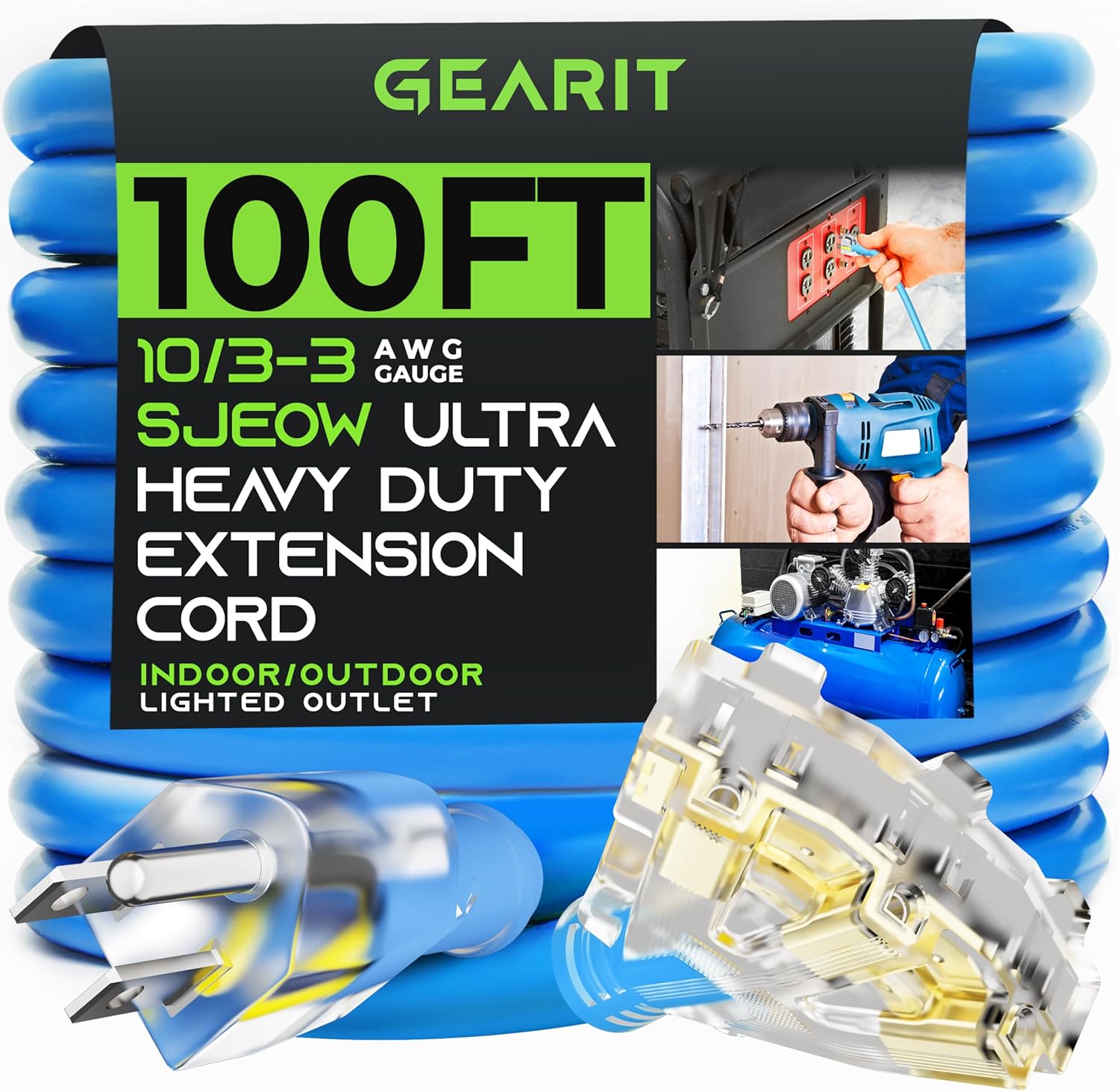 GearIT Extension Cord 100 Feet 10/3-3 Triple Outlet Ultra Heavy Duty SJEOW Extreme Weather Outdoor/Indoor - 10 Gauge 3 Prong, LED Lighted Plug, Oil Resistant Rubber Jacket 3 Outlet - 10AWG 100ft (SJEOW)