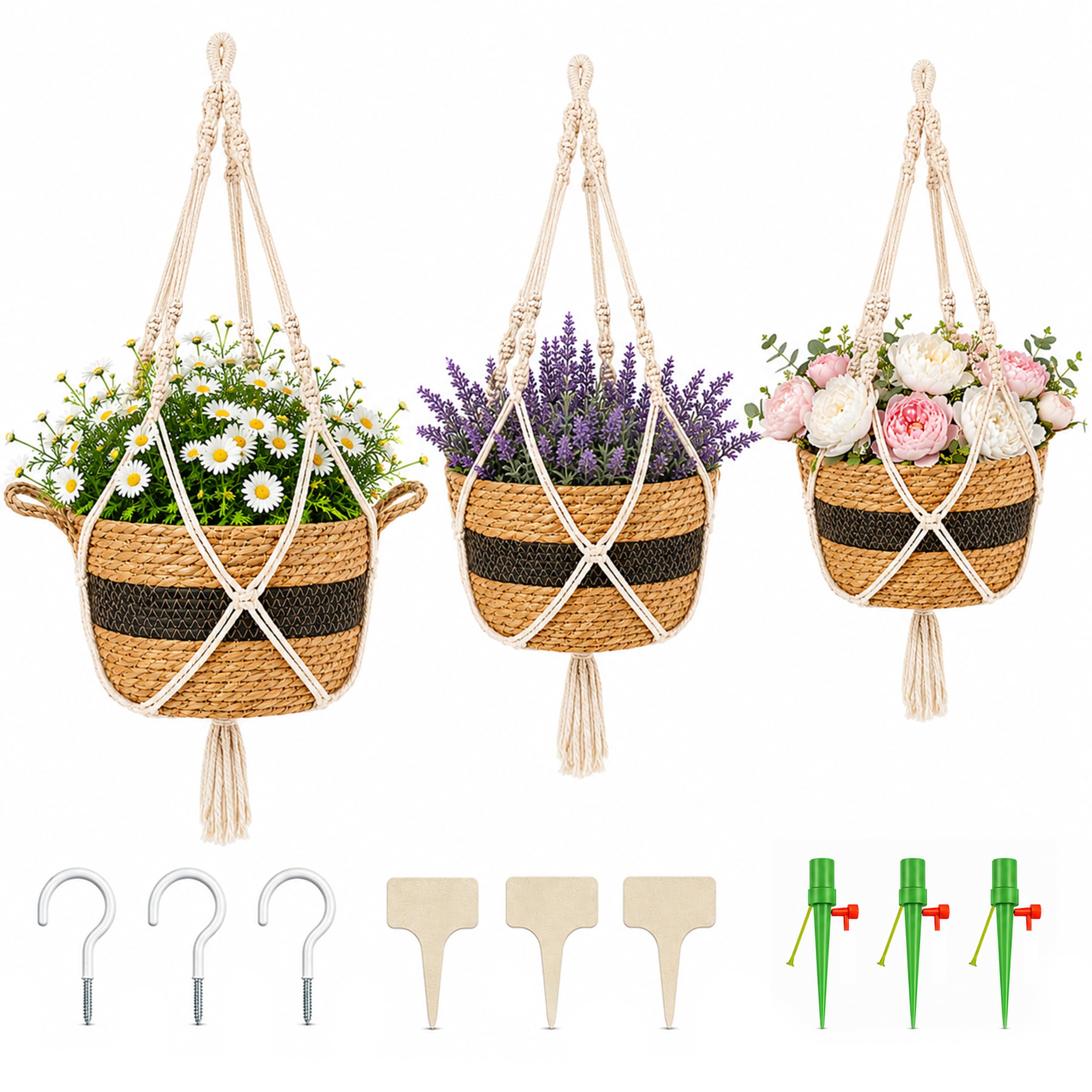 Lot de 3 pots de fleurs suspendus en jonc de mer - Matériau naturel tissé à la main - Panier de fleurs bohème avec corde en coton, crochet en métal et arroseur goutte à goutte - Pour intérieur