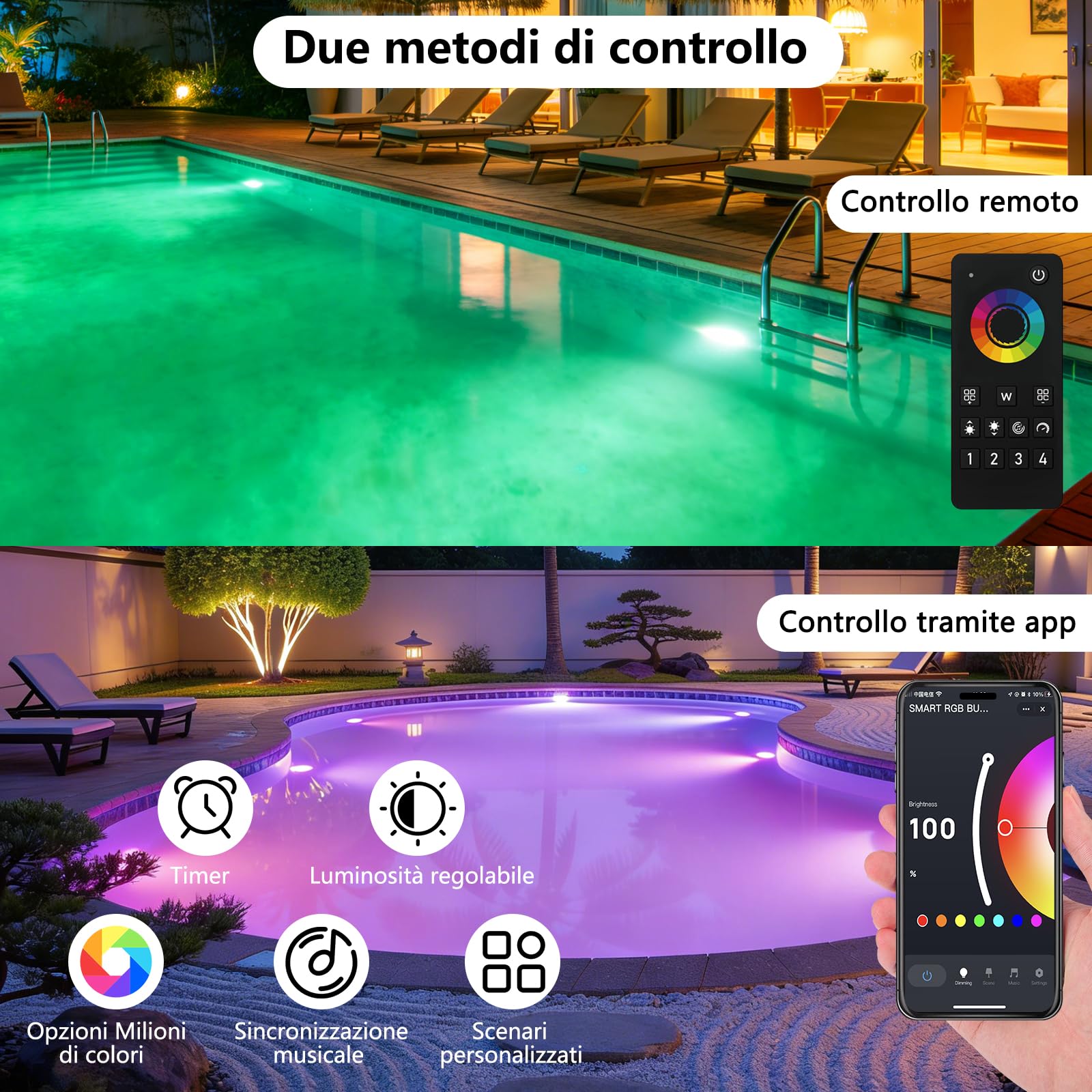 COOLWEST Luce Piscina LED Riempito di Resina, 32W Faretti LED Illuminazione ultrapiatta Multicolore RGB, Luci Piscina con controllo APP/Telecomando, IP68 Impermeabile, 24V DC, Dimmerabile
