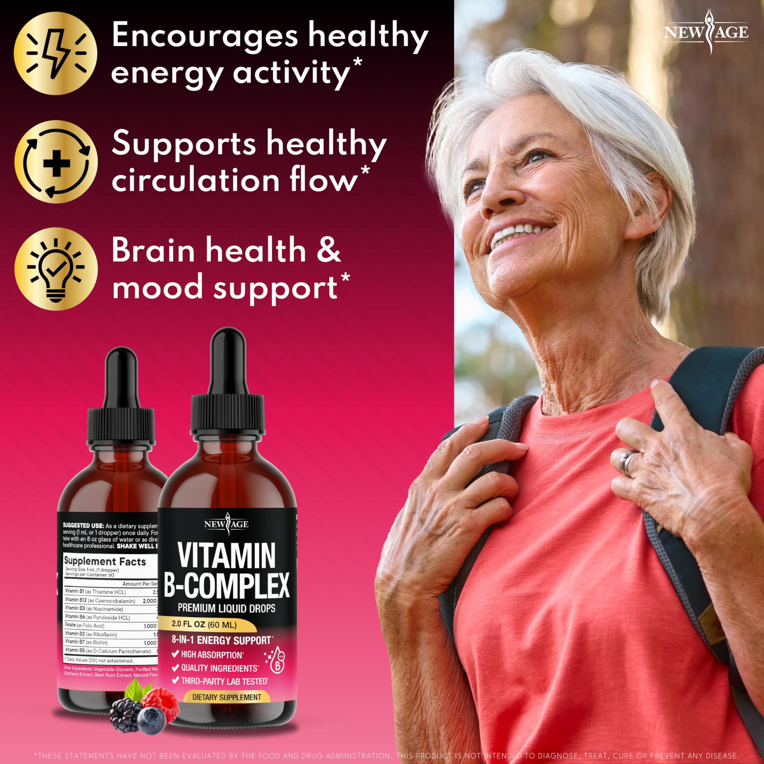 NEW AGE Vitamin B-Complex B5 Pantothenic Acid | B12 Methylcobalamin | B1 Thiamine | B6 Pyridoxine | B7 Biotin | B9 Folic | B3 Niacinamide - B Complex Liquid Drops, Made in USA Supplement - 4fl oz — Amazon image 2