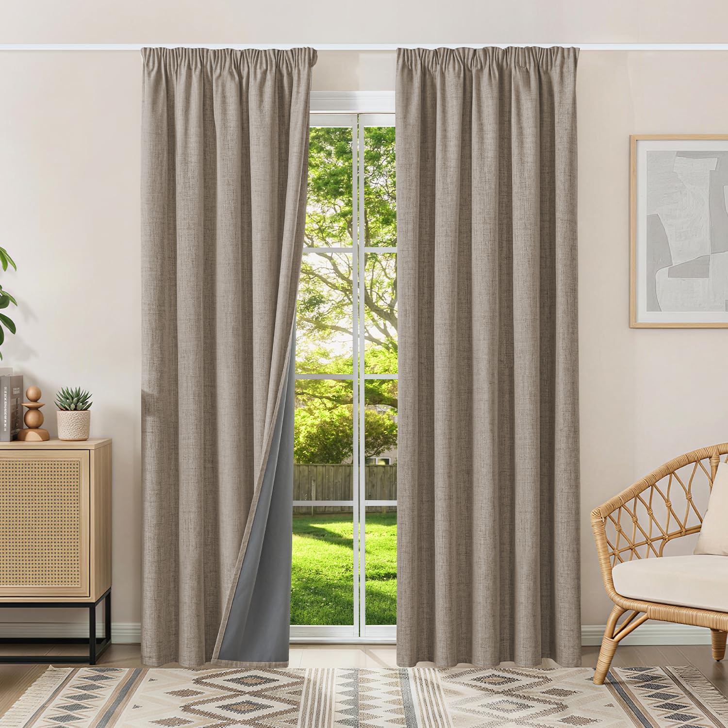 Runyéla 100% Blackout Curtains Pencil Pleat Linen Curtain for Bedroom Living Room Thermal Insulated 66 x 72 Inch Drop 2 Panels Linen