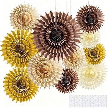 Hexizexi Paper Fan Set 20 cm 25 cm 35 cm 40 cm Hanging Paper Fans Brown Yellow Fan Decoration for Birthday Wedding Graduation