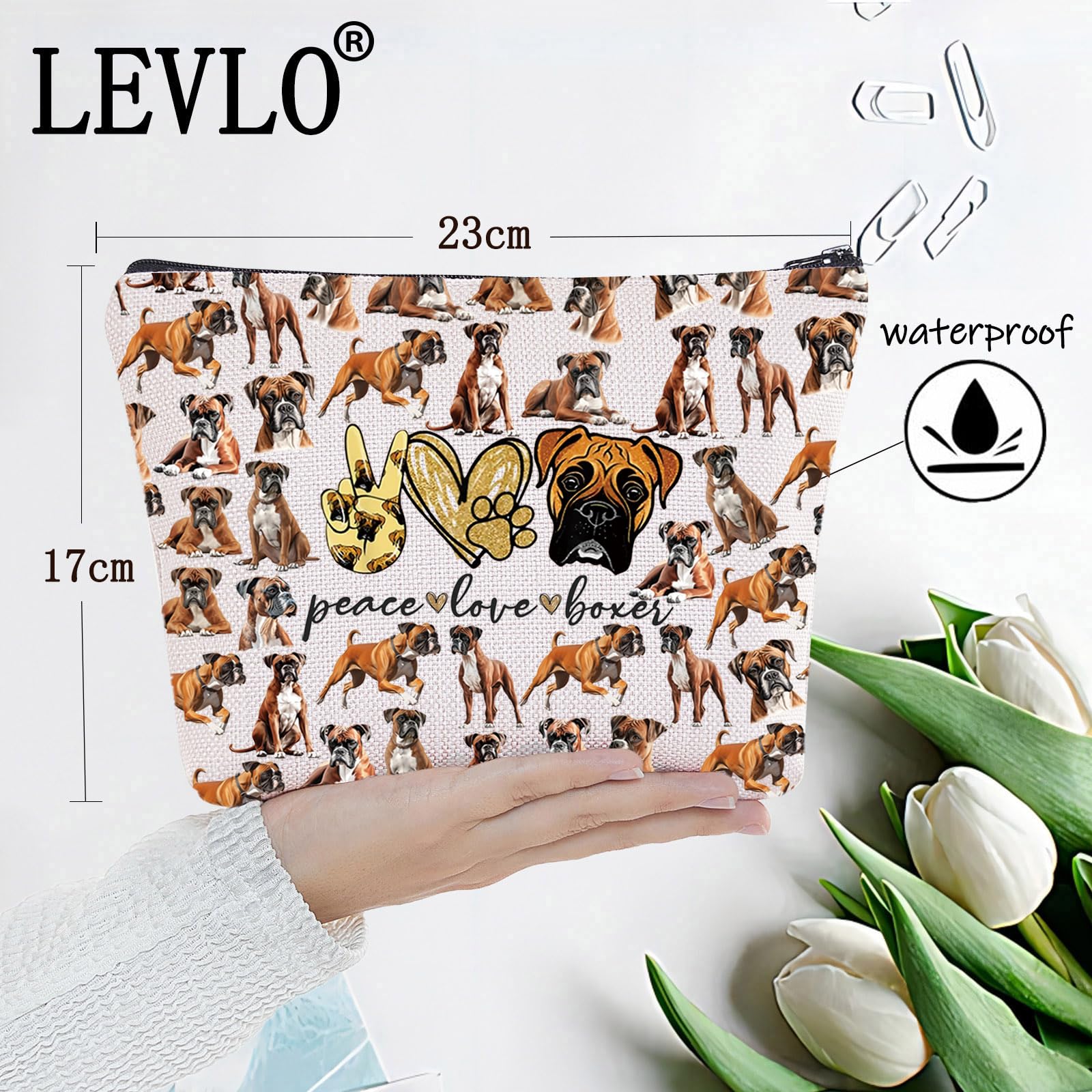 LEVLO Boxer Dog Cosmetic Makeup Bag - Peace Love Zipper Pouch Gift For Women & Girls, Peace Boxer Full - Image 2