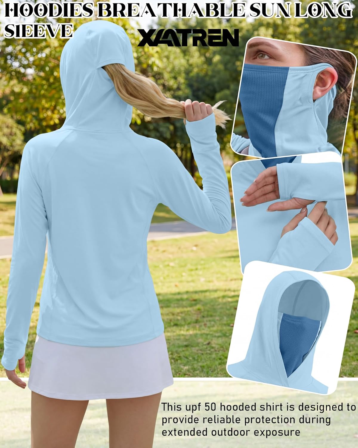 Xaatren 3 Pack Women's UPF 50+ Sun Hoodies with Face Mask Thumb Holes Quick Dry Fishing Shirts UV Protection Hiking Shirt