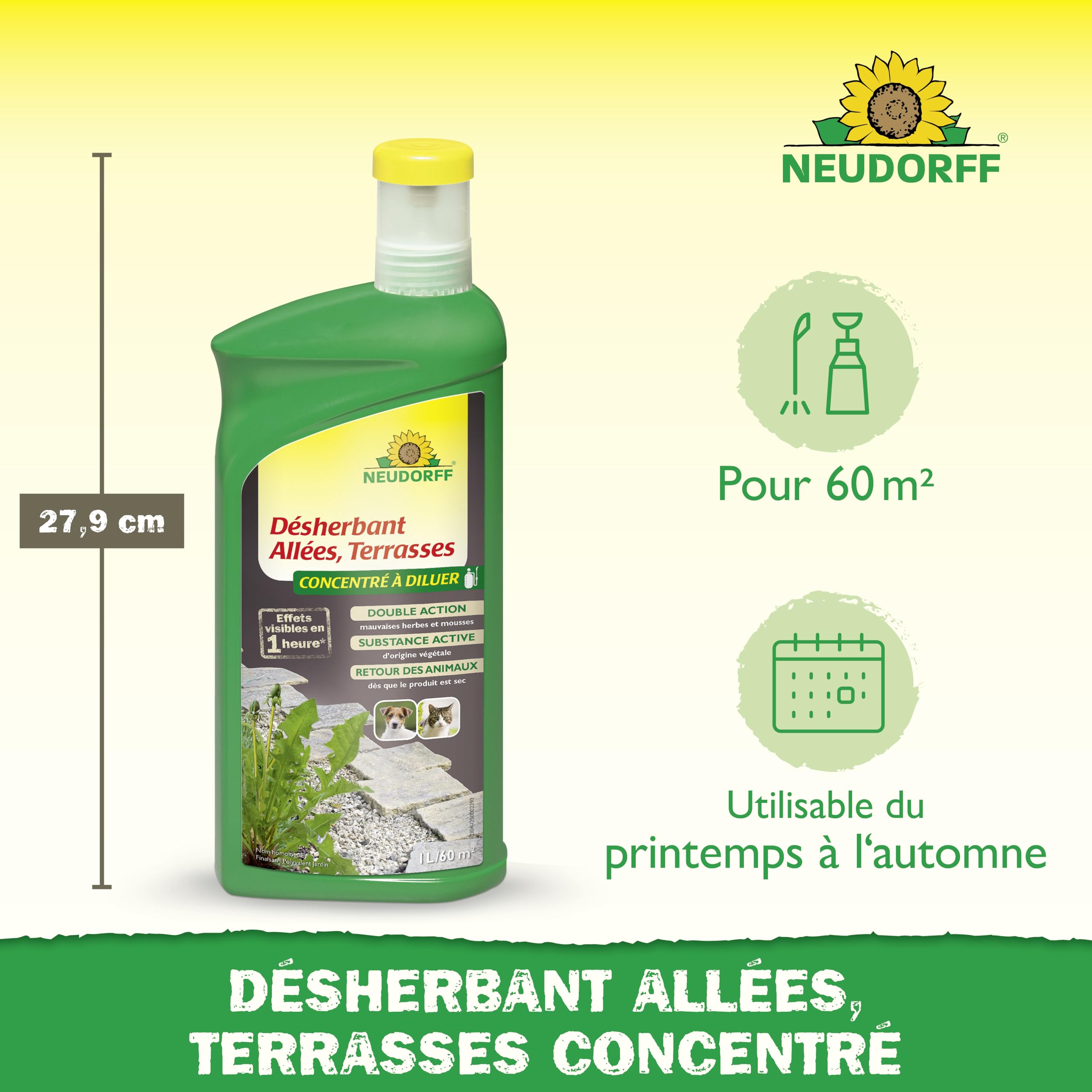 Neudorff Finalsan Désherbant Allées, Terrasses – Désherbant puissant sans glyphosate, action rapide sur mauvaises herbes et mousses, 1 L
