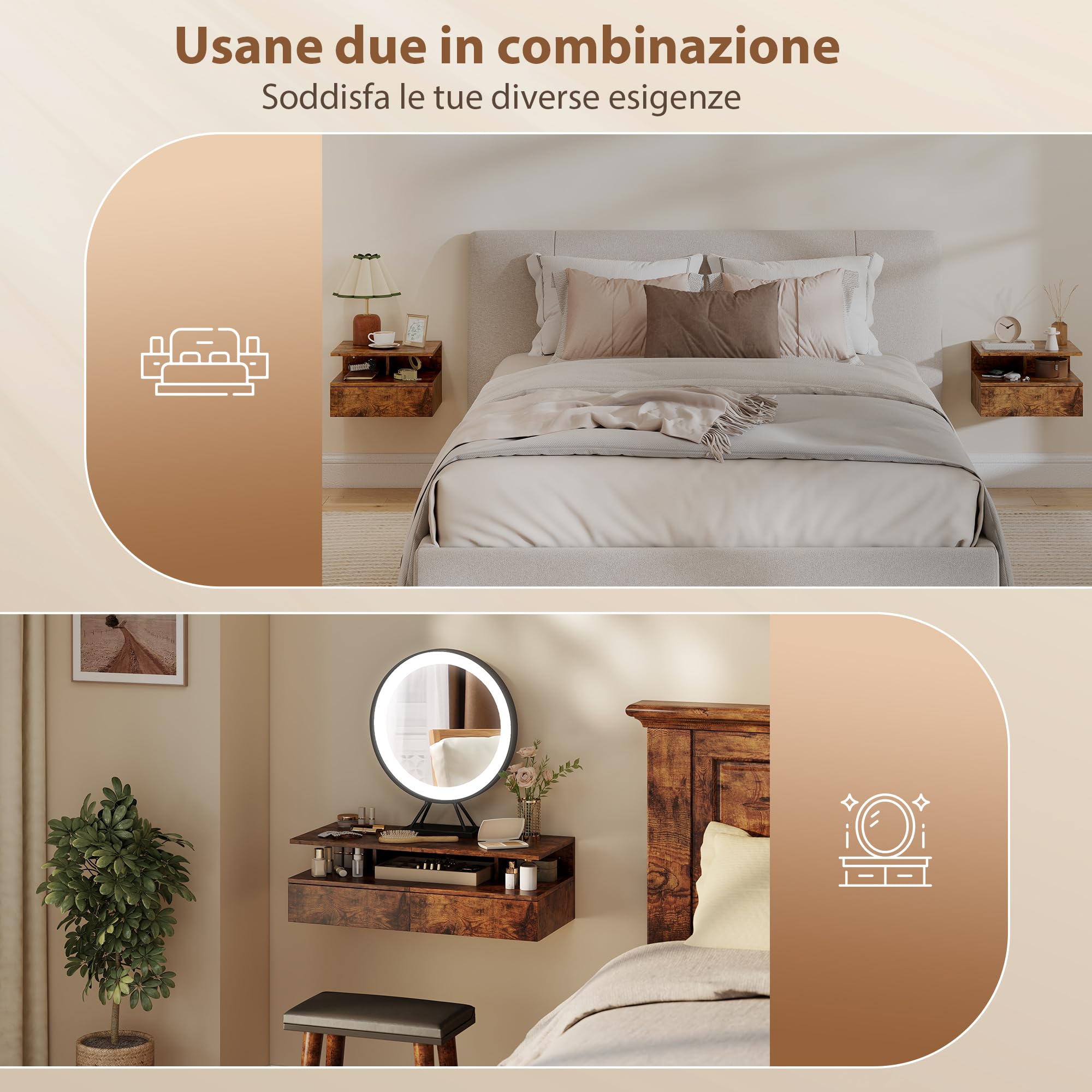 HOMCOM Set di 2 Comodini Camera da Letto Sospesi con Cassetto e Scomparto Aperto, Coppia di Comodini Moderno in Legno, Tavolini per Divano, Soggiorno, Salotto e Camera, 35x32x22.5 cm, Marrone Rustico