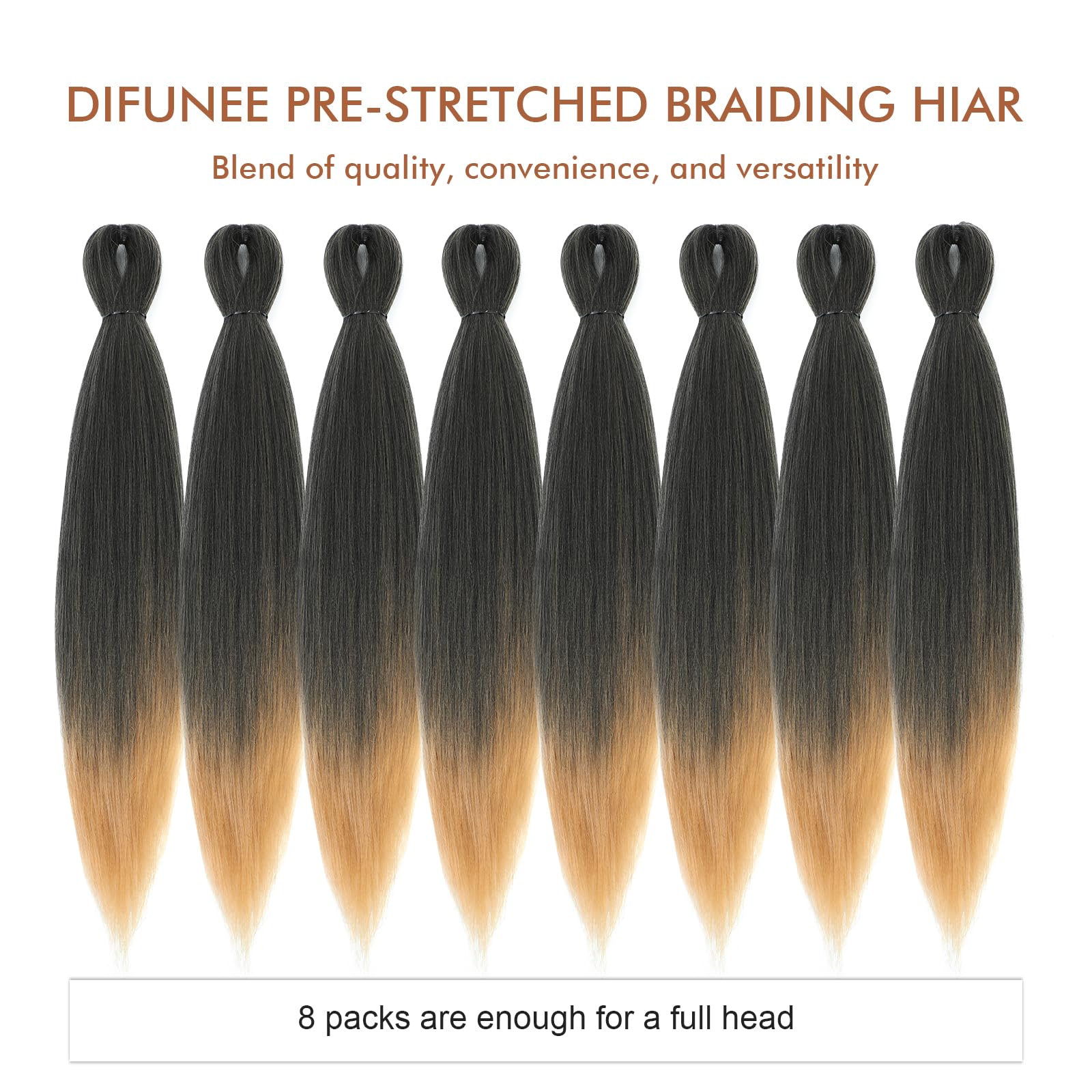 Pelo trenzado preestirado – 24 pulgadas, 8 paquetes de cabello trenzado largo rubio degradado para trenzas torcidas o de caja, extensiones de cabello sintético Yaki con ajuste de agua caliente