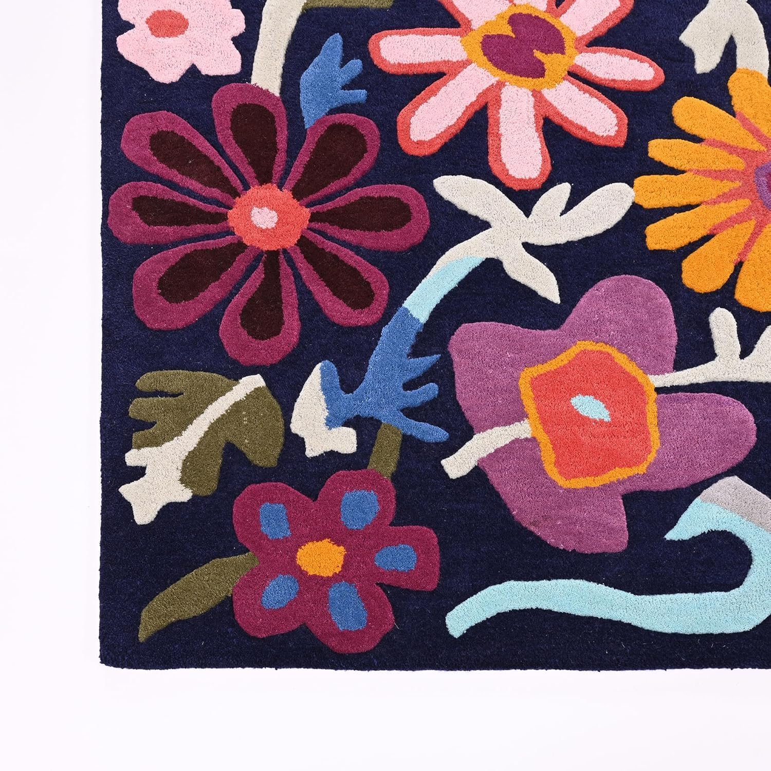 Handtufted Navy Blue Floral Wool Area Rug - Colorful Flower Garden Design, Thick & Soft Perfect for Living Room, Bedroom and Home Decor (Navy Blue, 5' x 8')