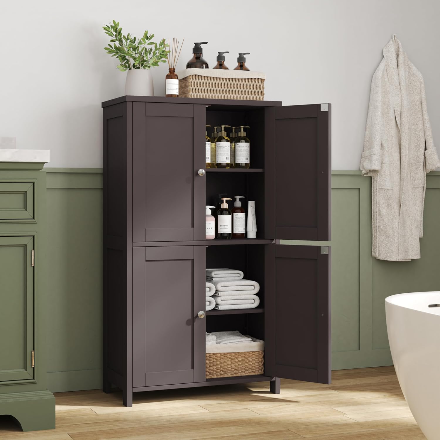 Nuturelly Bathroom Floor Storage Cabinet, 4 Doors, Anti-Tip, Brown