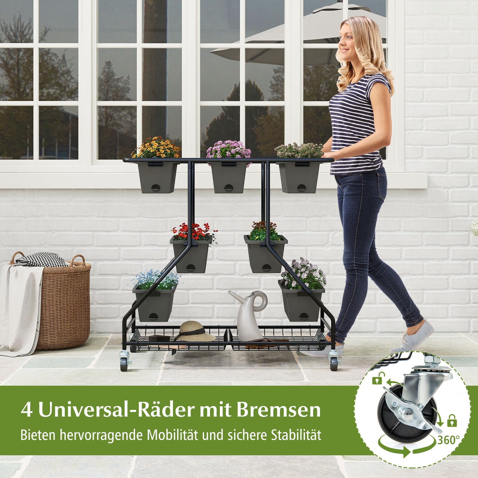 RELAX4LIFE Blumenständer, Pflanzenständer mit 7 Pflanzkästen, Blumentreppe mit 2 Körben, Hochbeet aus Metall und PP, freistehendes Pflanzenregal mit Rädern für Balkon, Garten, Terrasse, Schwarz