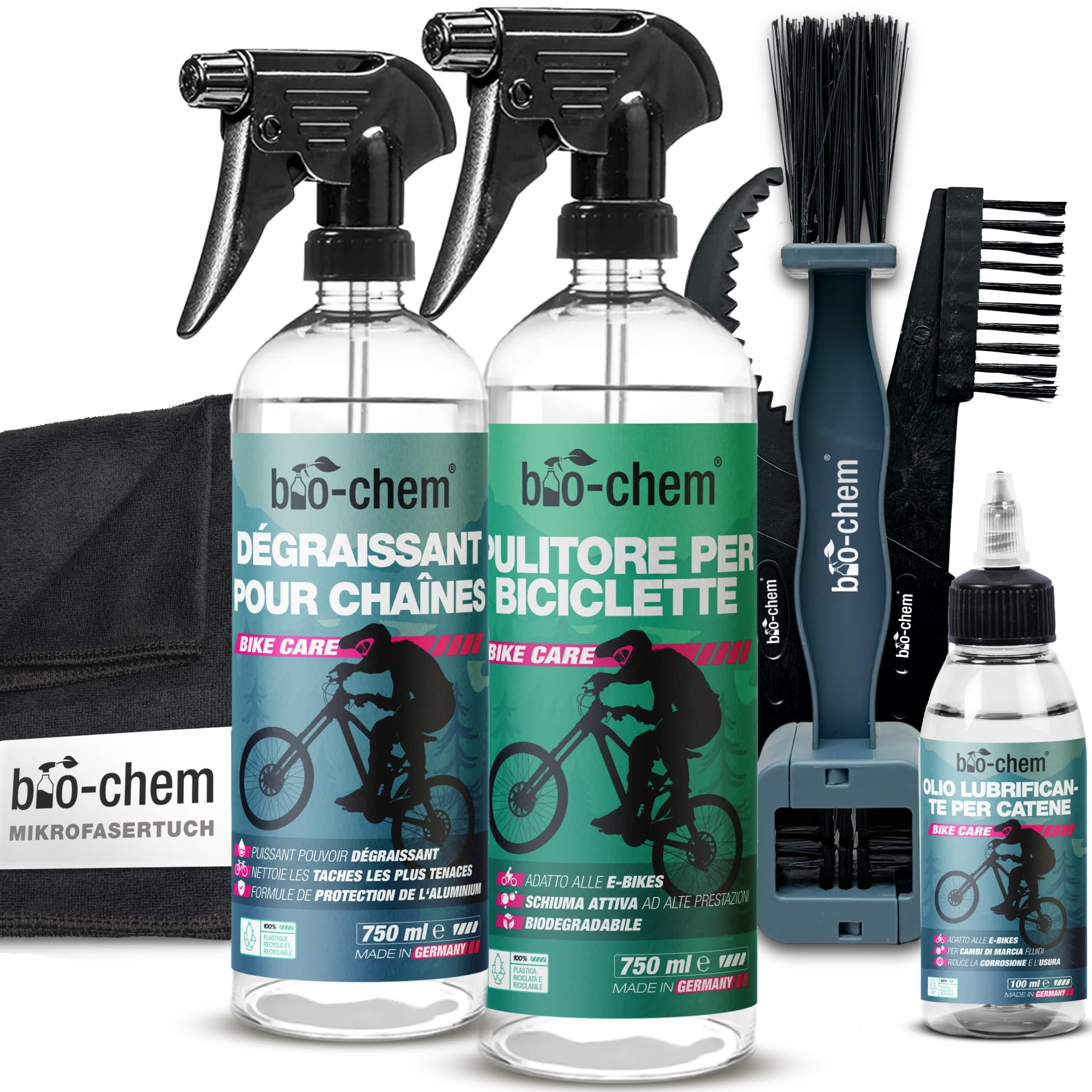 bio-chem - Profi Set 7 prodotti per la pulizia della bicicletta - Detergente completo 750ml - Sgrassatore per catena 750ml - Olio lubrificante 100ml - Panno e spazzole incluse