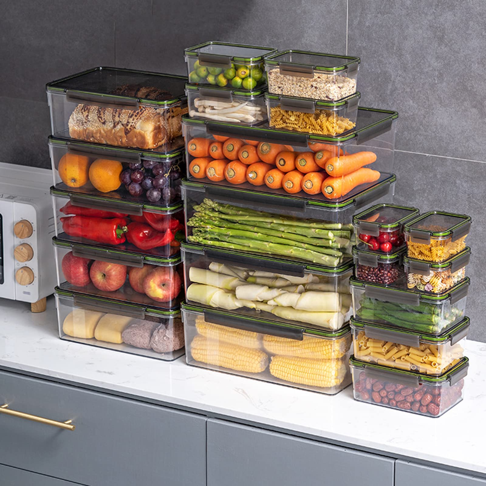 5er-Pack stapelbarer klarer Kühlschrank-Organizer mit Deckel, Kunststoff-Aufbewahrungsbox-Behälter, versiegelter Küchenkühlschrank für Küchenschränke, PantrGröße: 10 l/5,6 l/3,5 l/0,82 l/0,45 l, Far