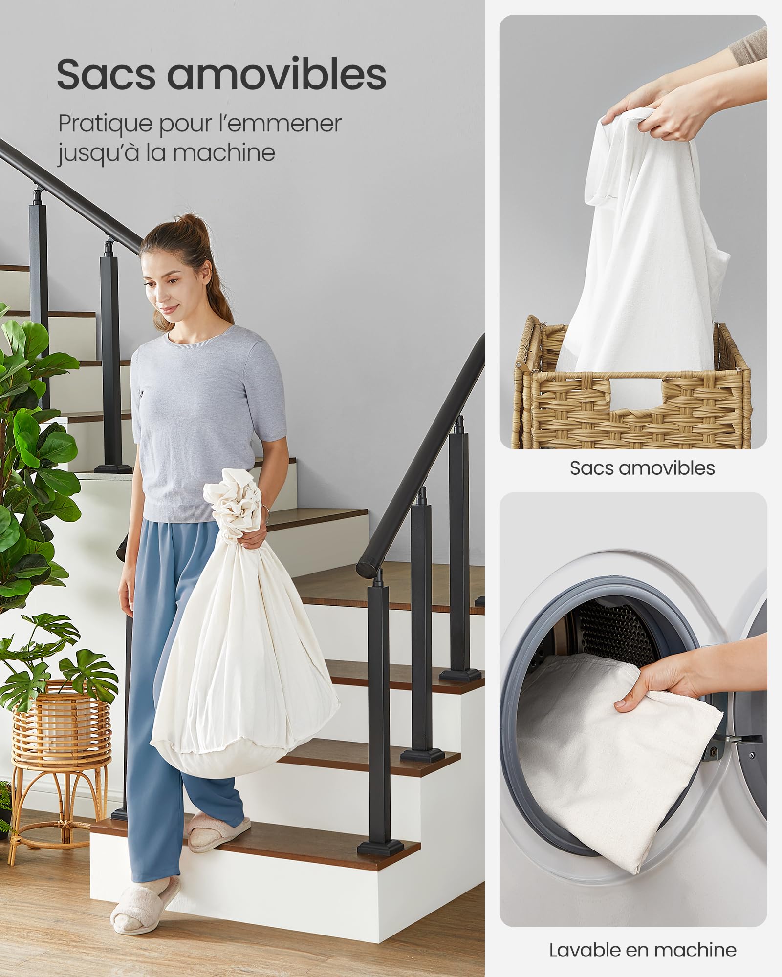 SONGMICS Panier à Linge avec Couvercle, 160L, Corbeille Linge Sale Tressé, avec roulettes, 3 Compartiments, Sac Intérieur Amovible, pour Buanderie, Chambre, 70 x 36 x 66 cm, Couleur Boisée LCB365N01