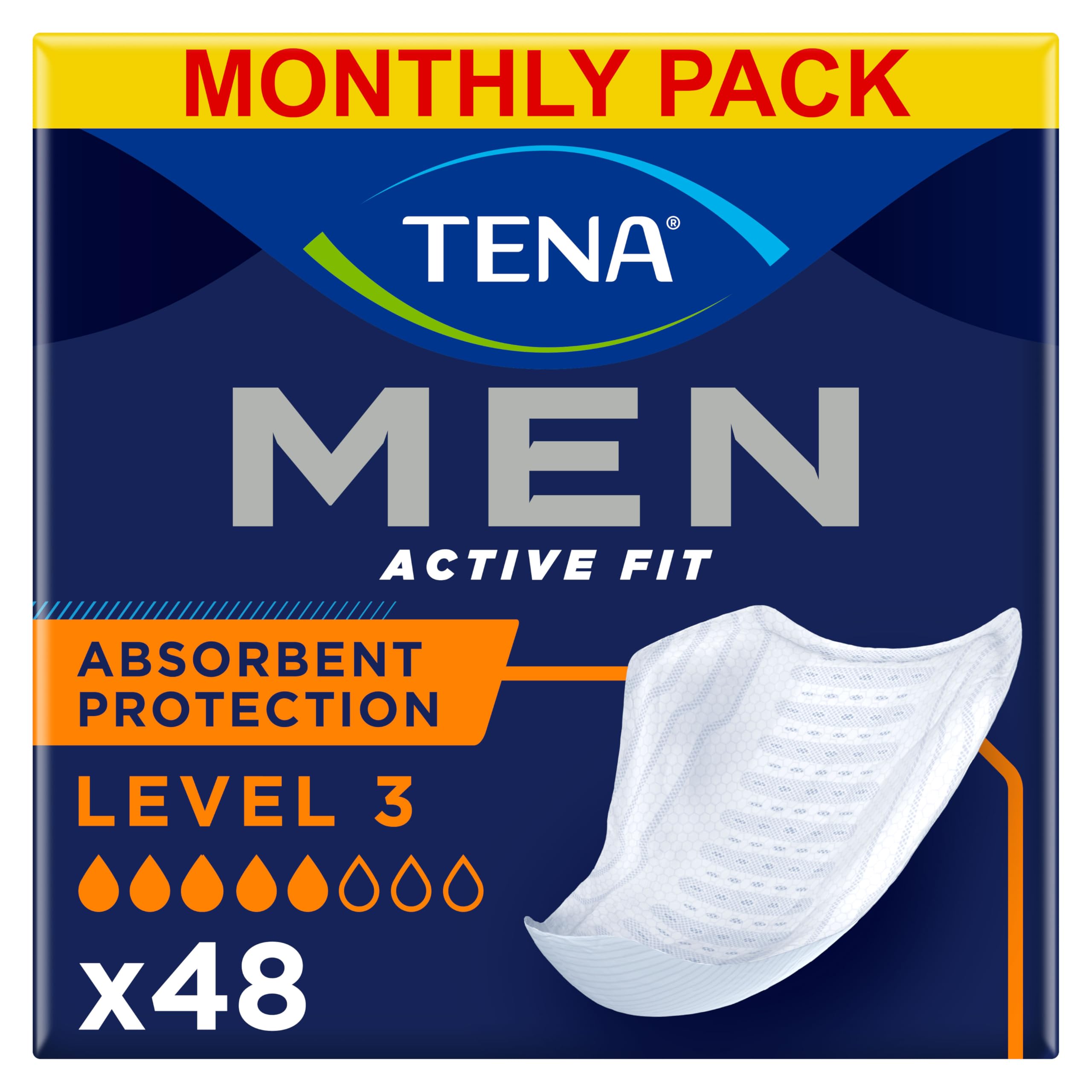 TENA Men Active Fit Absorbent Protector, Level 3, 6 Packs of 8 (48 Count)