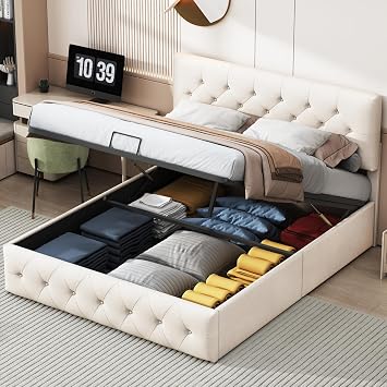 Upholstered Bed 140 x 200 cm Double Bed with Storage Space and Slatted Frame Adjustable Headboard Padded Bed with Hydraulic Container without Mattress Velvet Beige