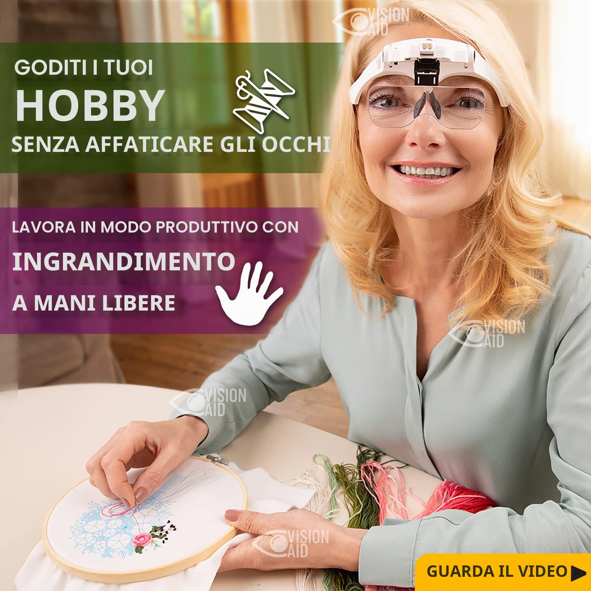 VISION AID Lenti d'Ingrandimento con Luce LED 5 Lenti Archetto Custodia Lente d'ingrandimento illuminata a mani libere per artigianato hobby Ricamo Pittura Miniatura Modellismo lavori di precisione