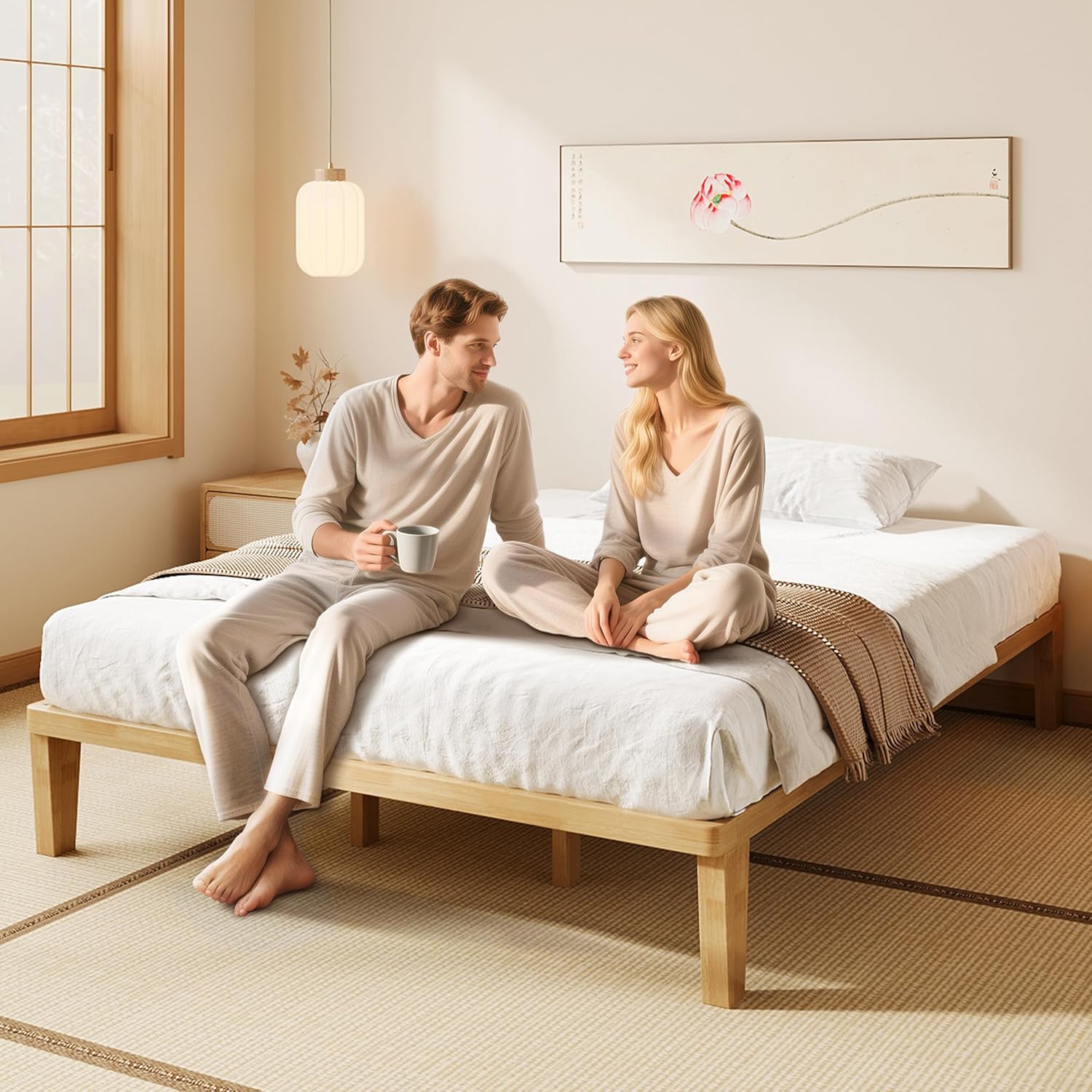 IOTXY Full Platform Bed Frame - 12 Inch Solid Wood Mattress Foundation Base with Heavy-Duty Support Slats & Legs, Rubberwood Full-Size Bedframe - Image 3