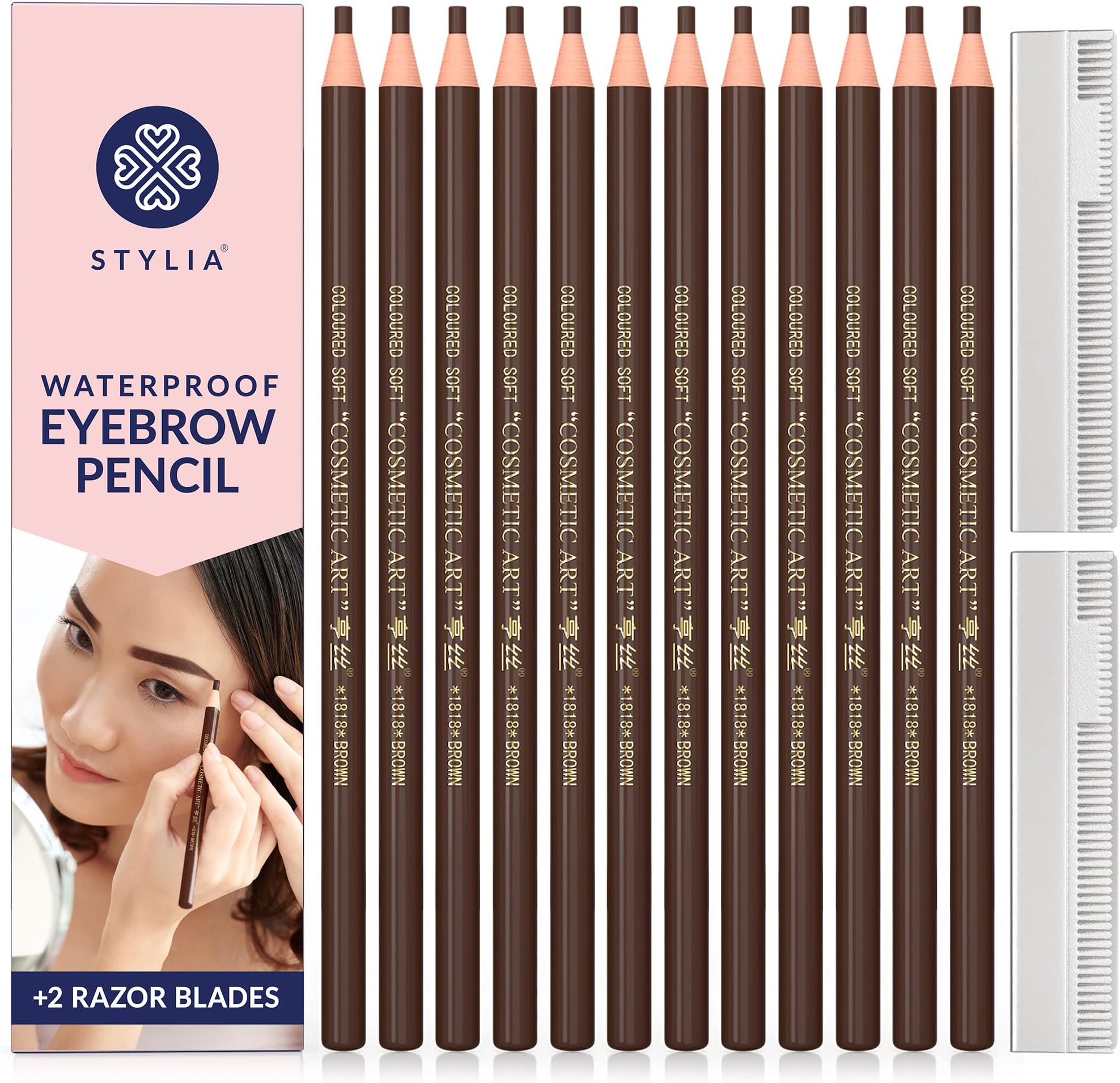 Stylia Waterproof Eyebrow Pencils For Women – Long-Lasting Microblading Supplies Brow Pencil, Perfect for Eyebrow Shaper, Filling & Defining Natural-Looking Brow - (12PC Brown)