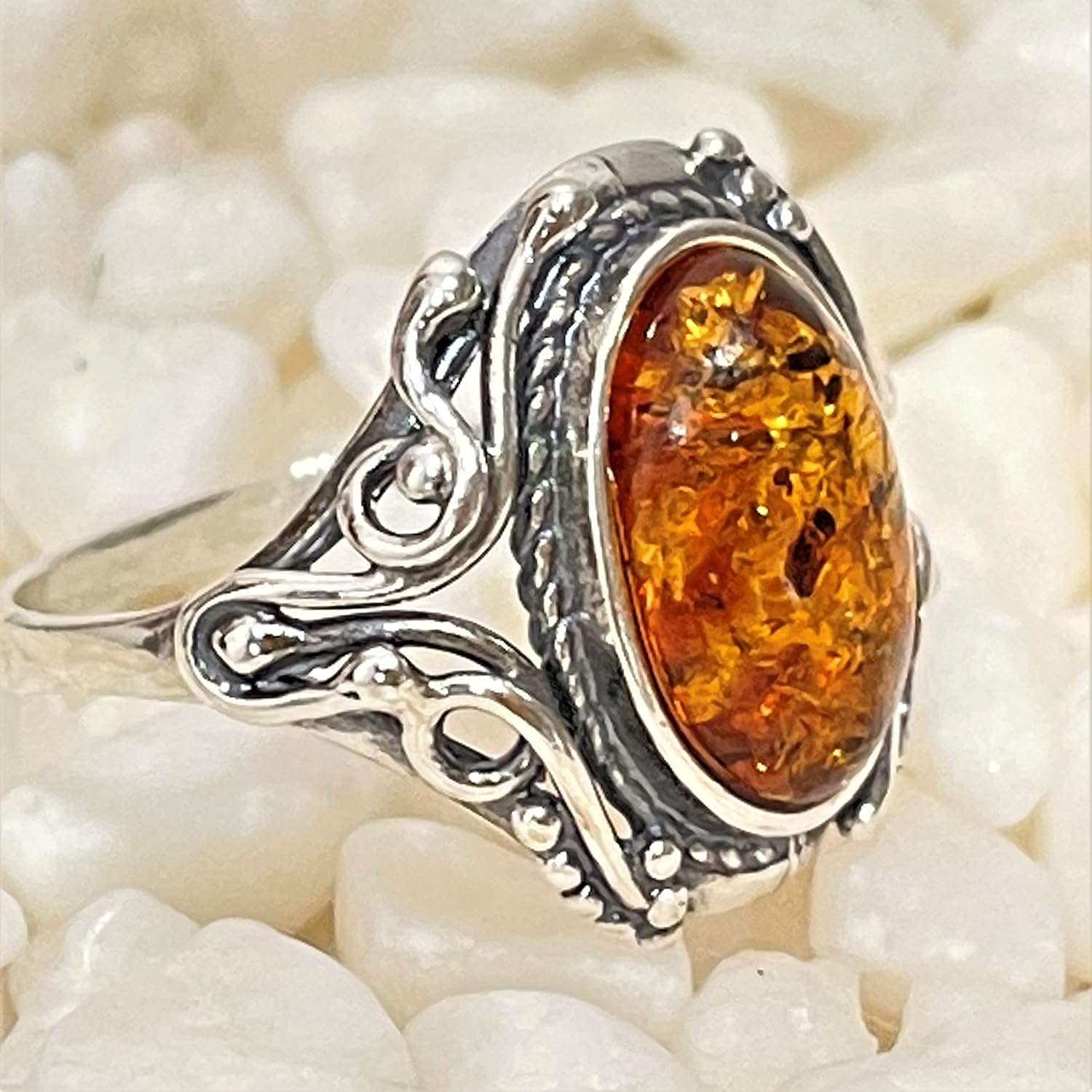 Natural Baltic Amber and Sterling Silver Vintage Honey Ring