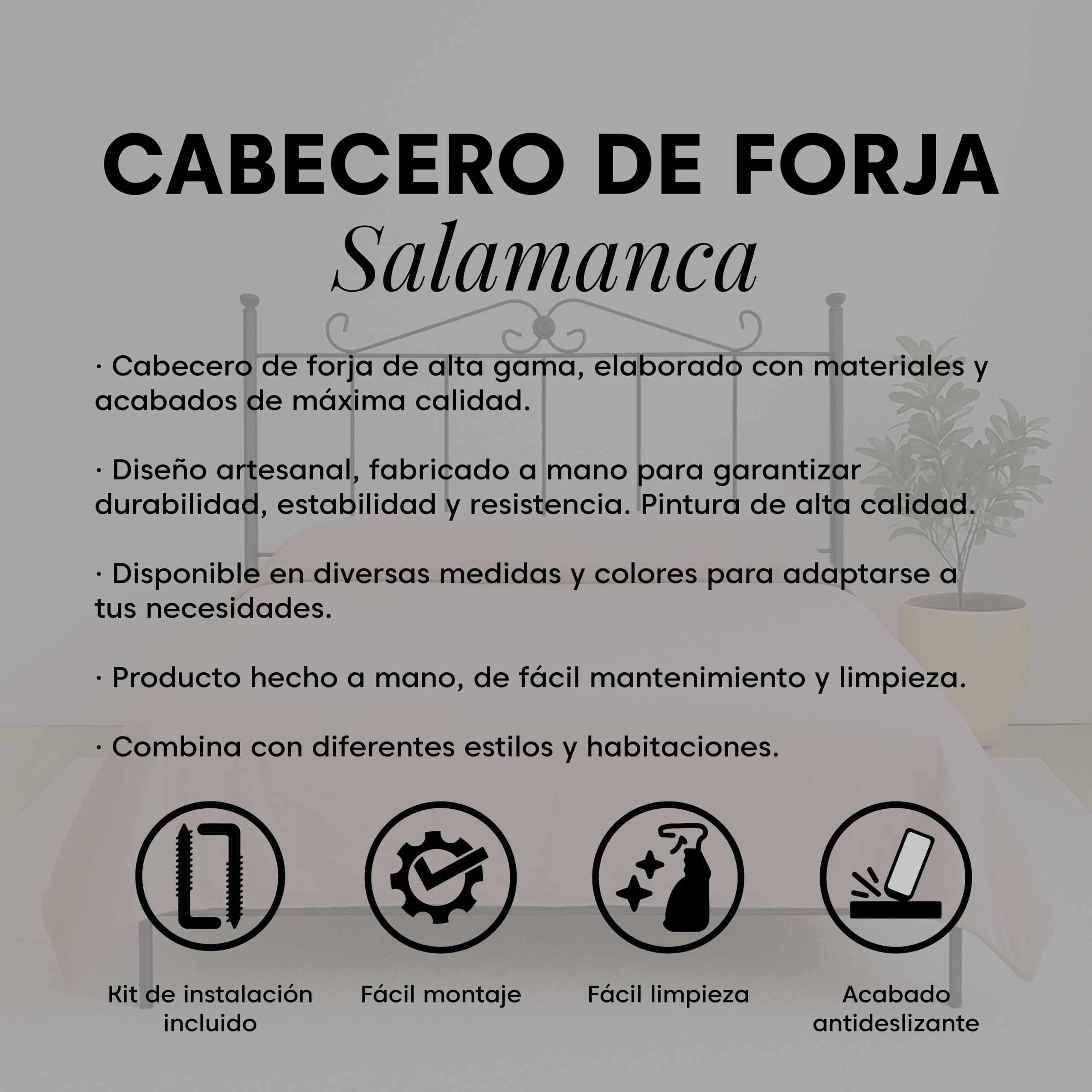 Cabecero Forja Salamanca, Cabezal para Cama, Cabecero, Cama Matrimonio e Individual, Cama De Hierro, Cabezal Forja, Cabecero Juvenil, Hecho En España (Negro, 135 cm)
