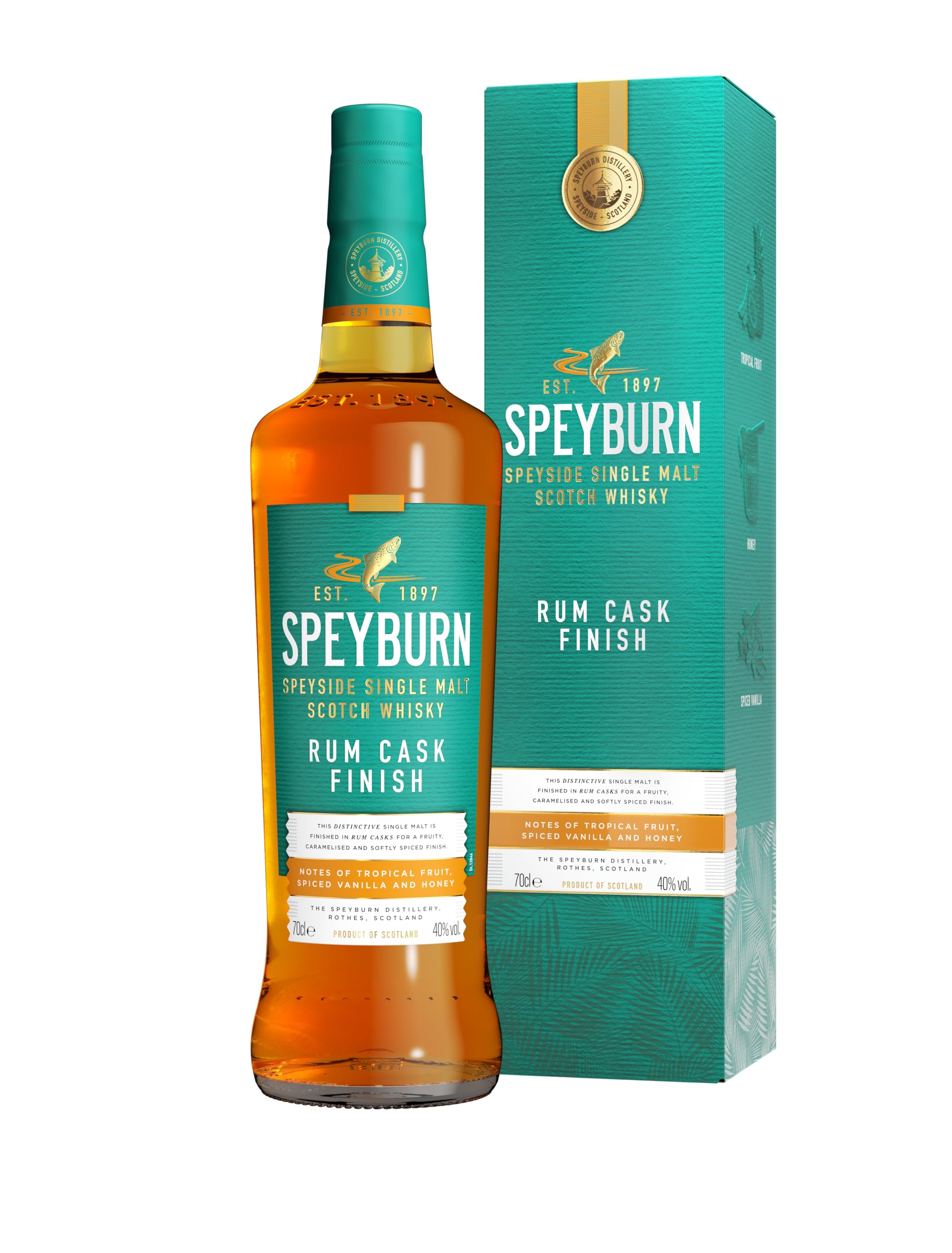 Speyburn Rum Cask Finish Single Malt Scotch Whisky, 40% ABV, , Speyside Aged in Ex-Bourbon and Rum Casks, Award-Winning with Notes of Tropical Fruit, Vanilla & Spice (70cl)