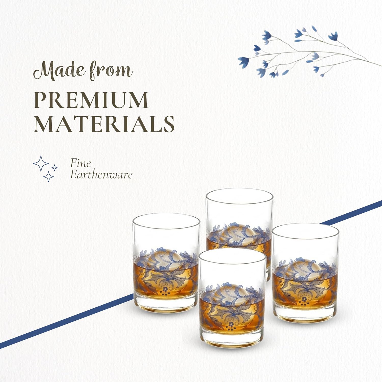 Spode Blue Italian Double Old Fashioned Glasses | Set of 4 | 14-Ounce Capacity | Whiskey Tumblers for Cocktails, Bourbon, Water, and Juice | Handwash Only