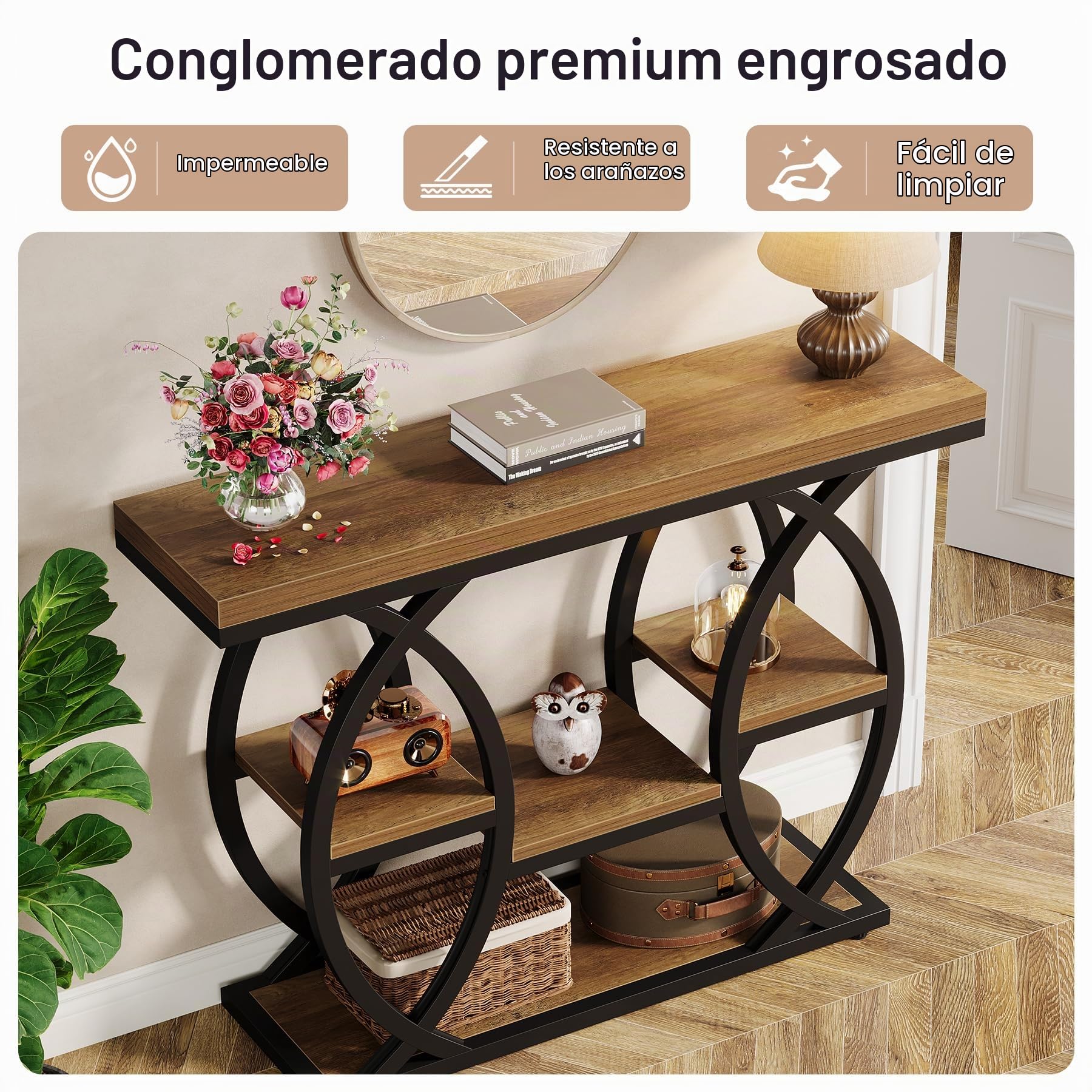 Tribesigns - Mesa de consola de 99,9 cm, mesa de sofá industrial de 4 niveles para entrada con estantes de almacenamiento, mesas estrechas de acento de madera con marco de metal para espacios pequeños