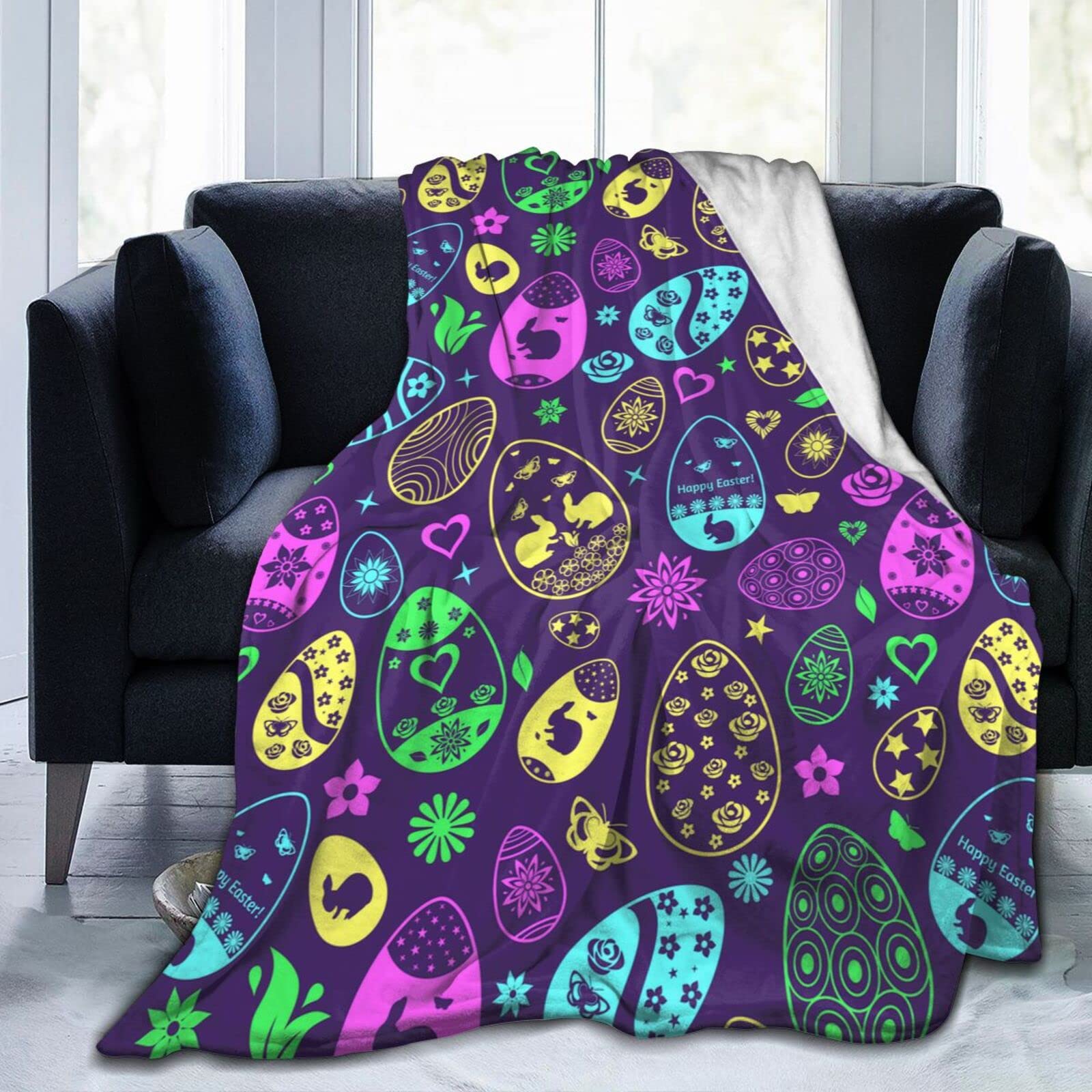 Lsjuee Easter Eggs Throw Blanket Warm Cozy Lightweight Blankets Easter Gift Flannel Blanket for Sofa Couch Bed Office Holiday Decorative 80"X60"