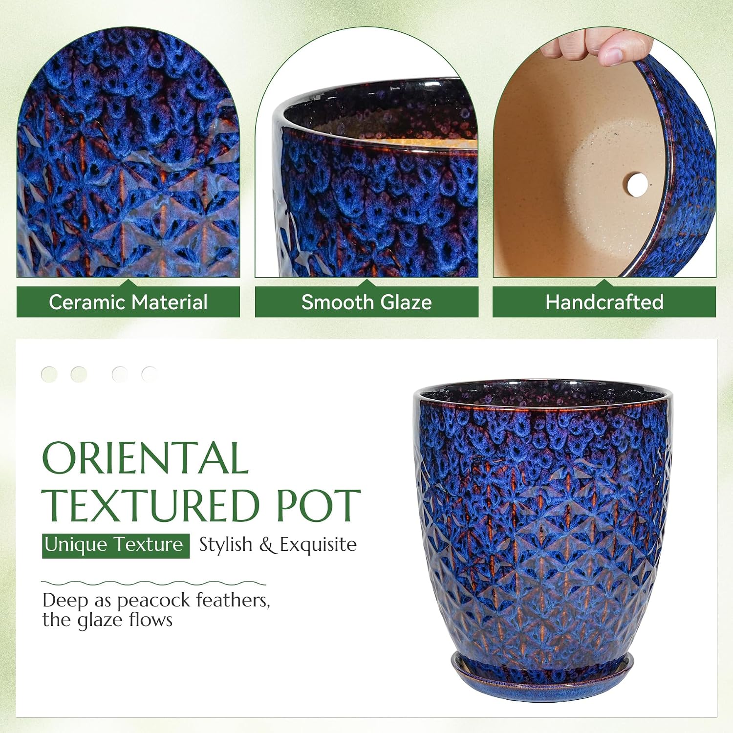 11.8 Inch Flower Pots for Indoor Plants,Ceramic Planter with Saucer Drainage Leak-Proof Mesh Gardening Gloves (Peacock-Blue)