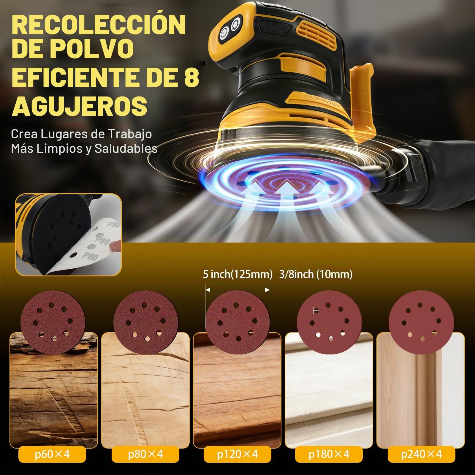 Lijadora Orbital Inalámbrica 125 mm para Dewalt 20V (sin Batería)