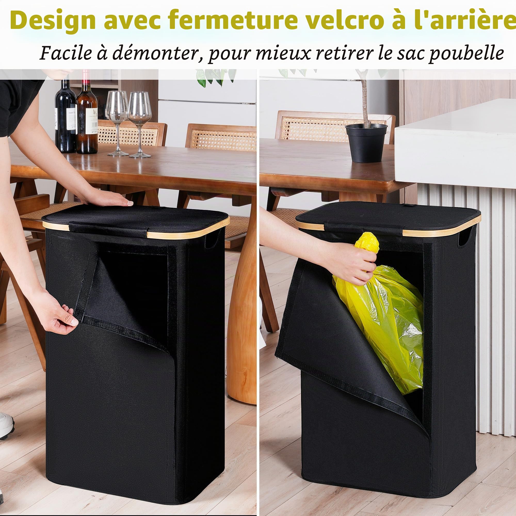 efluky Support pour sac poubelle jaune 100 l, avec couvercle, support pour sacs jaunes, retrait facile grâce à la porte à l'arrière, récipient pour cuisine et maison [sans poche intérieure] - Noir