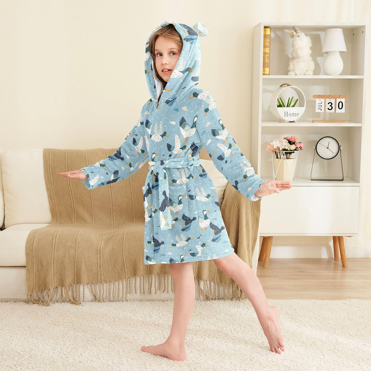 senya Flying Ducks Toddler Hooded Bathrobe Kids Soft Plush Bath Towel Robes for Boys Girls 2-12 Years