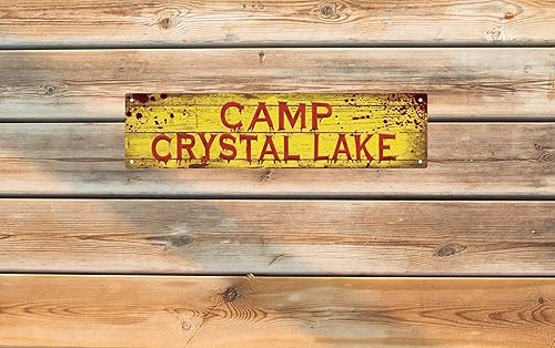 Miniatura 6 de Letrero de metal con texto en inglés Camp Crystal Lake para decoración de pared con temática de terror para la temporada de otoño, humor