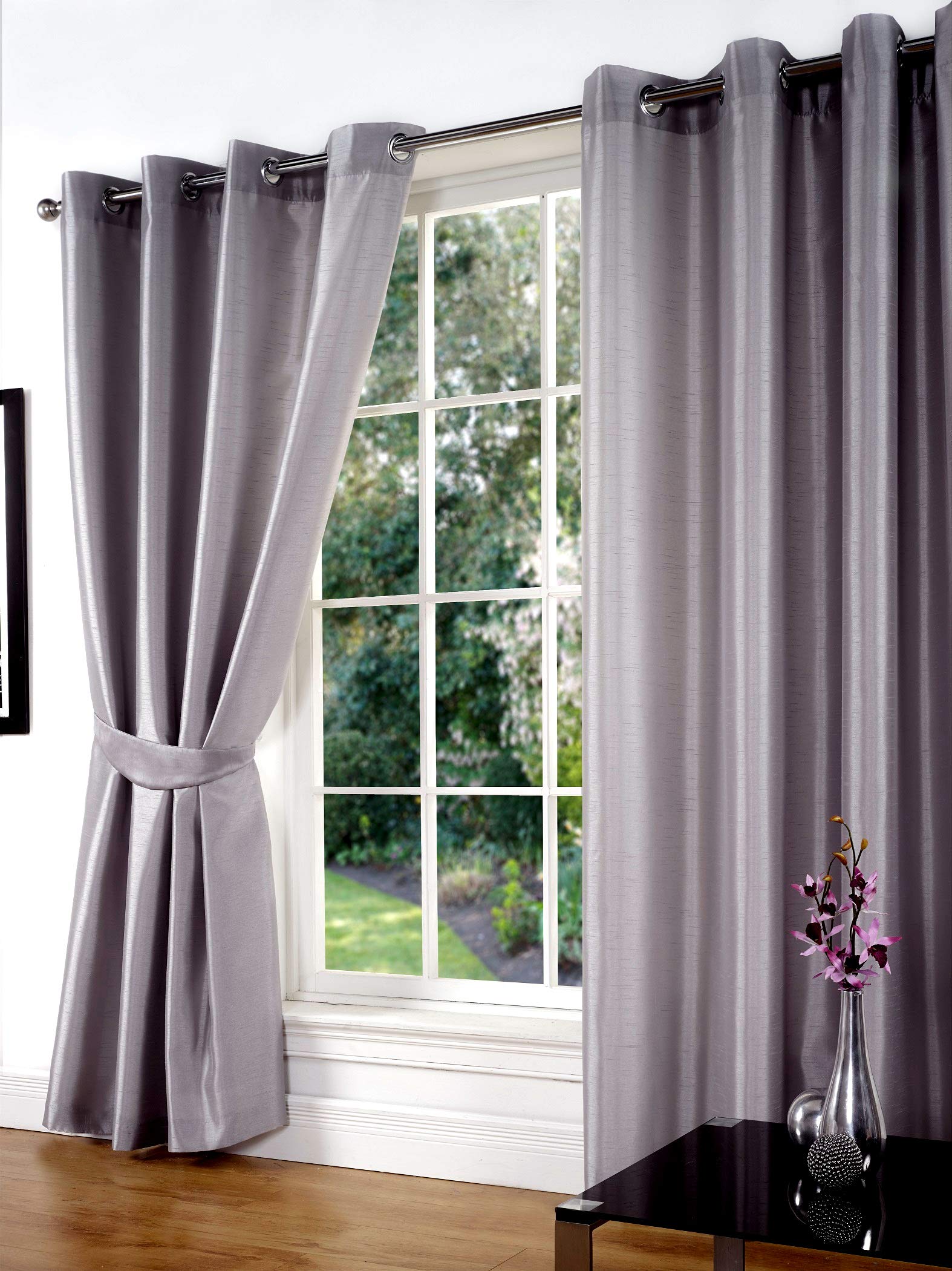 Littens 46" x 54" (117cm x 137cm) Luxury Silver Faux Silk Slubb Effect Eyelet, Ring Top Pair Curtains, Lined Inc Tiebacks Lightweight