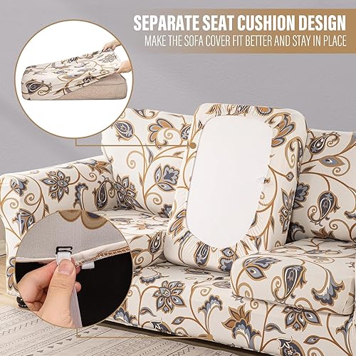 Miniatura 4 de Lamberia Funda Estampada para Sofá de 3 Cojines Fundas de Sofá de Alta Elasticidad 4 Piezas Funda de Sofá con Tres Fundas de Cojín Separadas Parte