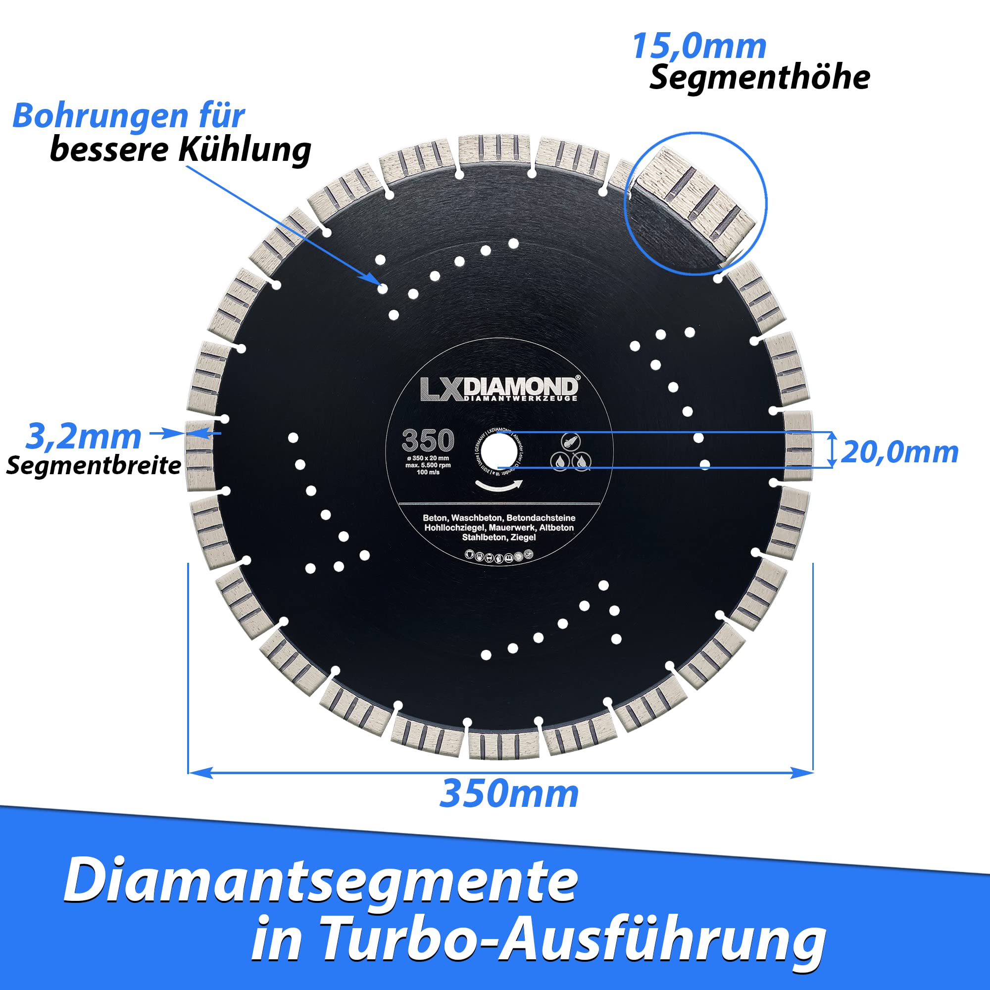 Diamant-Trennscheibe 350mm x 20,0mm Premium 15mm Segmente passend für Beton Stahlbeton Waschbeton Universal Diamantscheibe für Winkelschleifer Trennjäger 350 mm