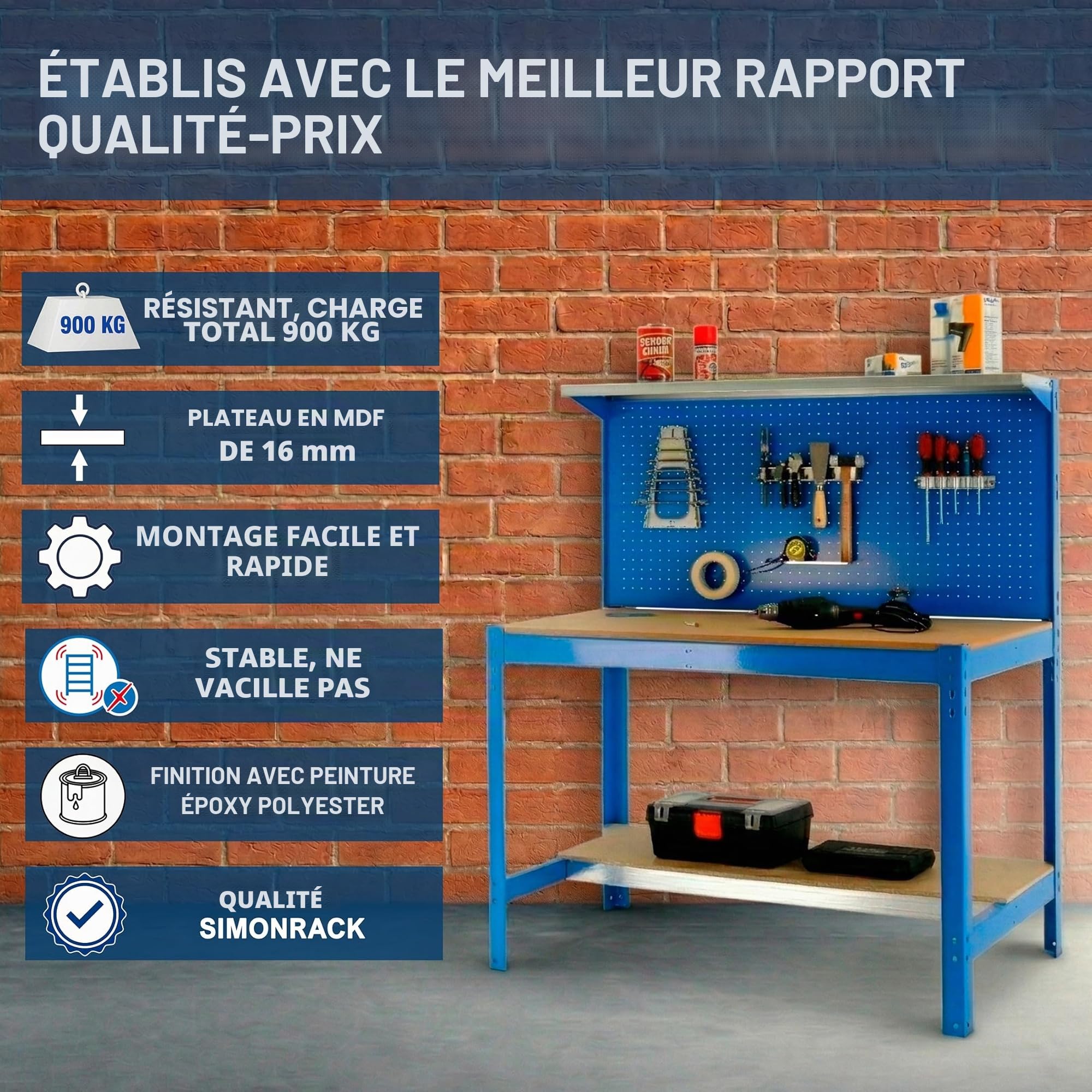 SimonRack Etabli d’Atelier, Capacité de Charge 400 kg, 1445x910x610 mm, Panneau Perforé avec 1 Étagère, Table de Travail Bricolage, Galvanisé/Bois - BT3