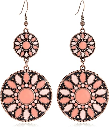 Aretes bohemios hechos a mano para mujer, únicos, tribales, étnicos, coloridos, vintage, esmaltados, redondos, bohemios, retro, regalos de joyería