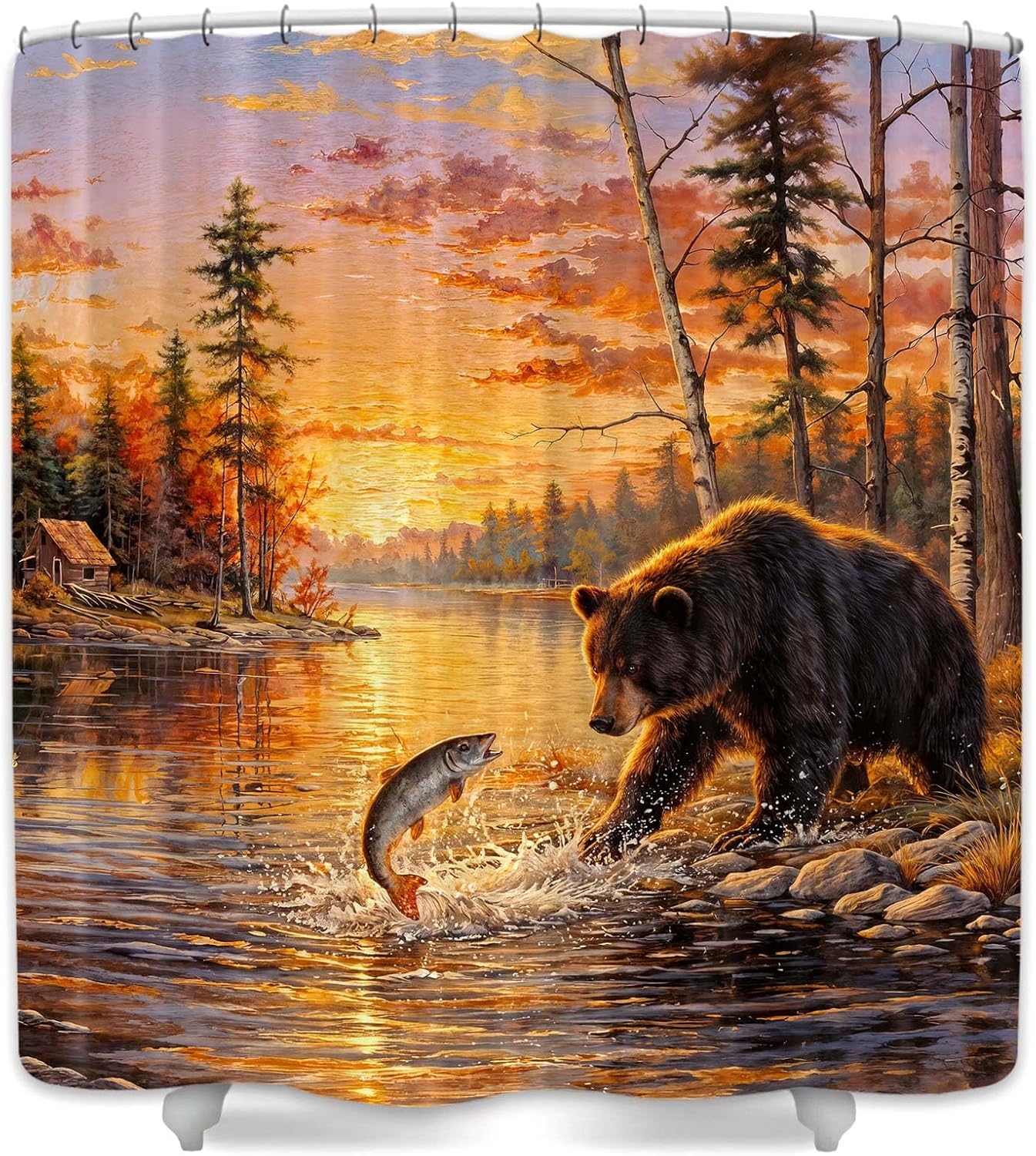 DYNH Black Bear Fishing Shower Curtain, Lake Sunset Cabin Bathroom Decor, Wildlife Nature Forest Landscape Bath Curtain with Hooks, Waterproof Fabric Shower Curtain Set for Bathroom,70X75 in