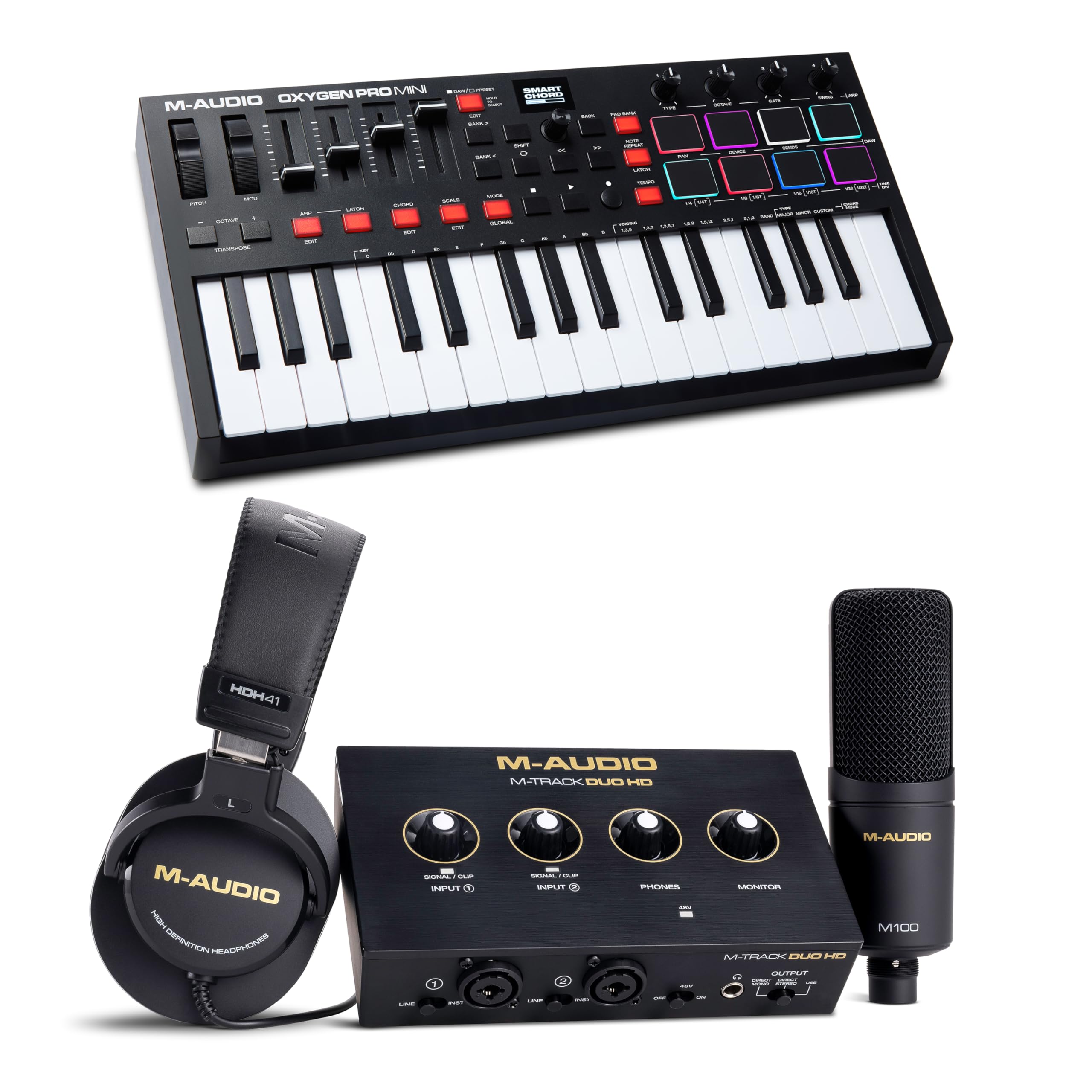 M-AUDIO Oxygen Pro Mini Zestaw Kontroler MIDI z Pakietem Interfejsu Audio M-Track Duo HD do nagrywania studyjnego, produkcji muzycznej, podcastingu, streamingu
