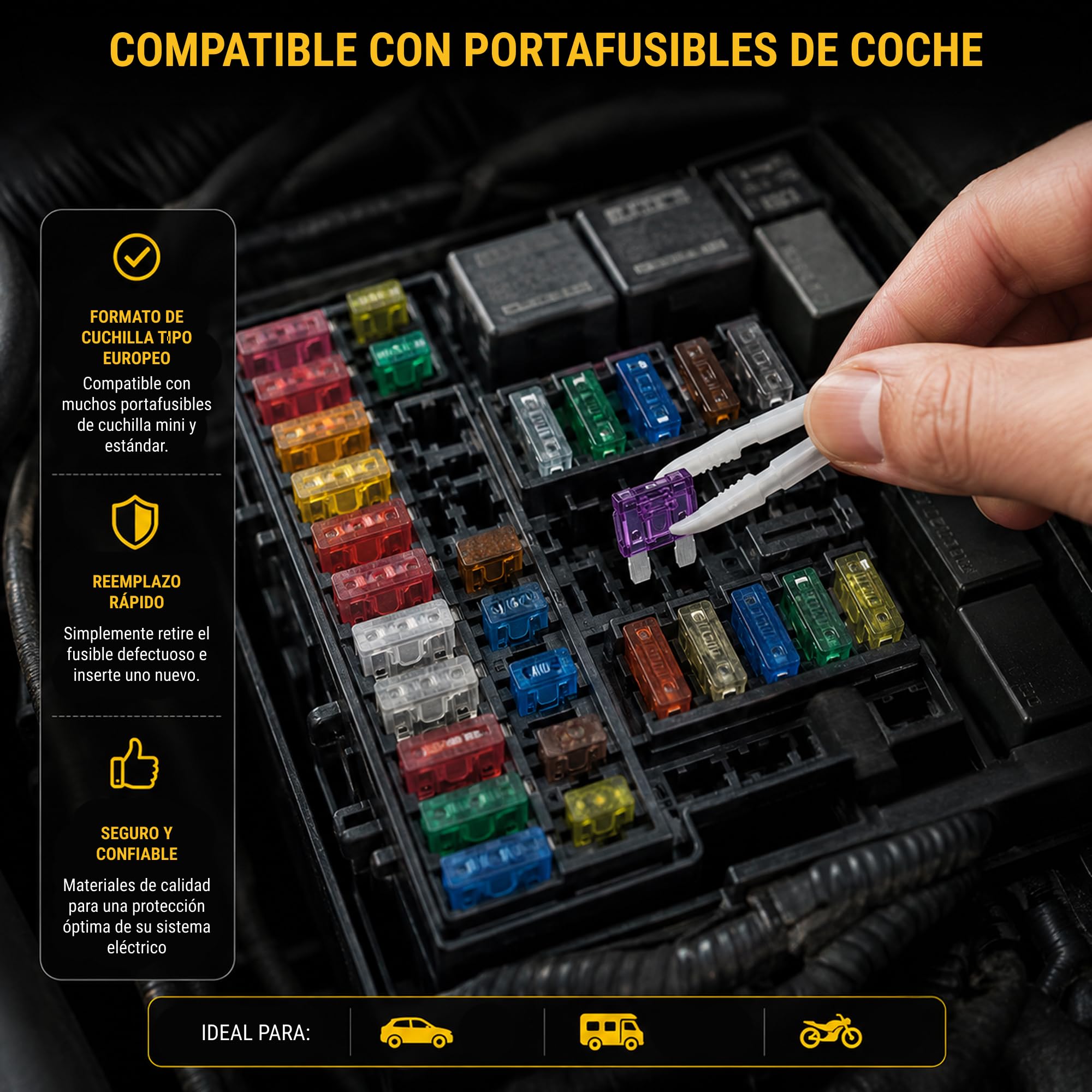Fusibles de Cuchilla Tipo Europeo – Kit 50 Piezas Surtido | Mini y Estándar 3A-35A | 12V 24V Auto Coche Moto Caravana | Caja Organizada CE