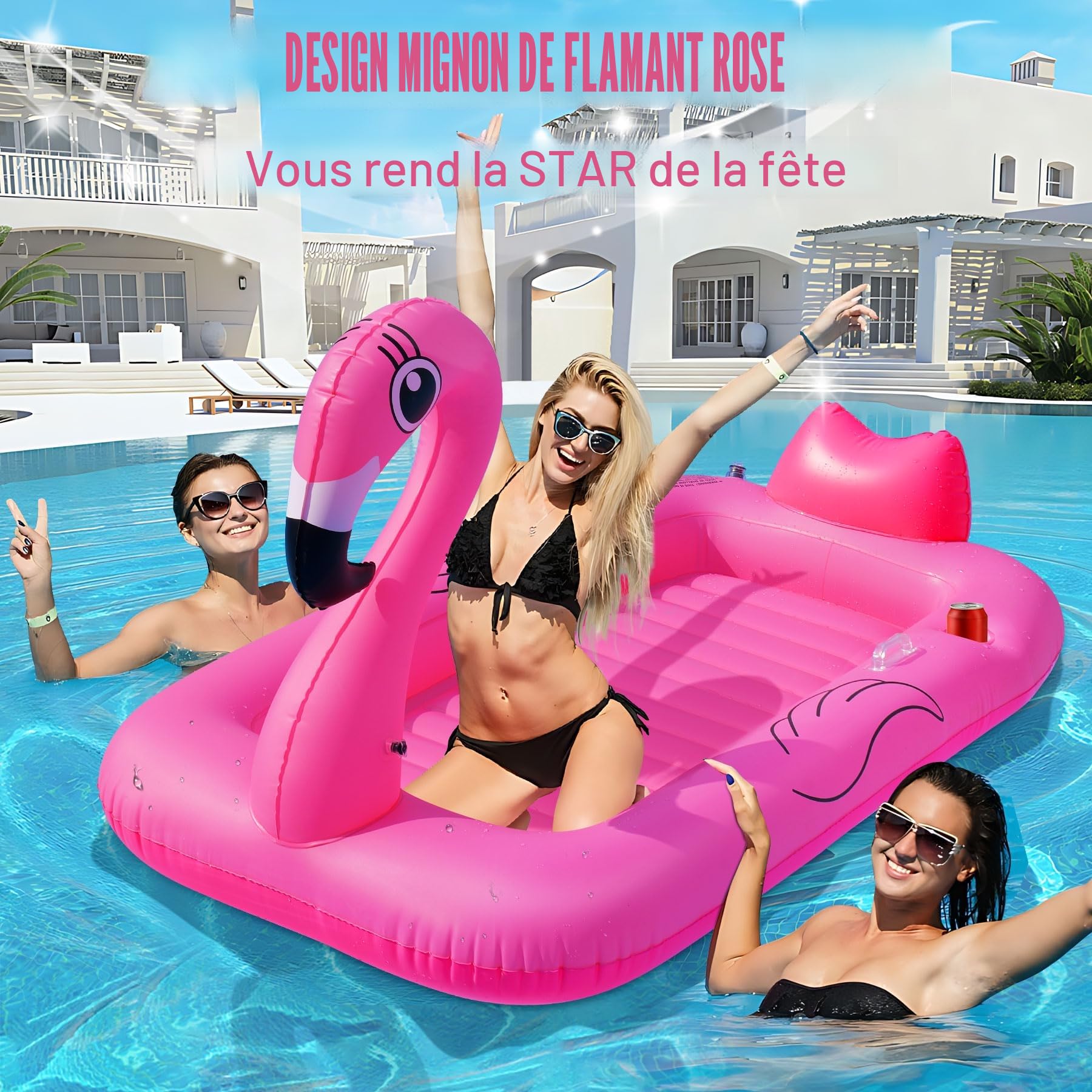 DeeprBling Matelas Piscine Gonflable Flamant Rose, Bouée Piscine Adulte épais avec Poignée, Porte-Boisson et Porte-Téléphone, Matelas Gonflable Bronzage Flamant Rose, Piscine de Bronzage pour Adultes