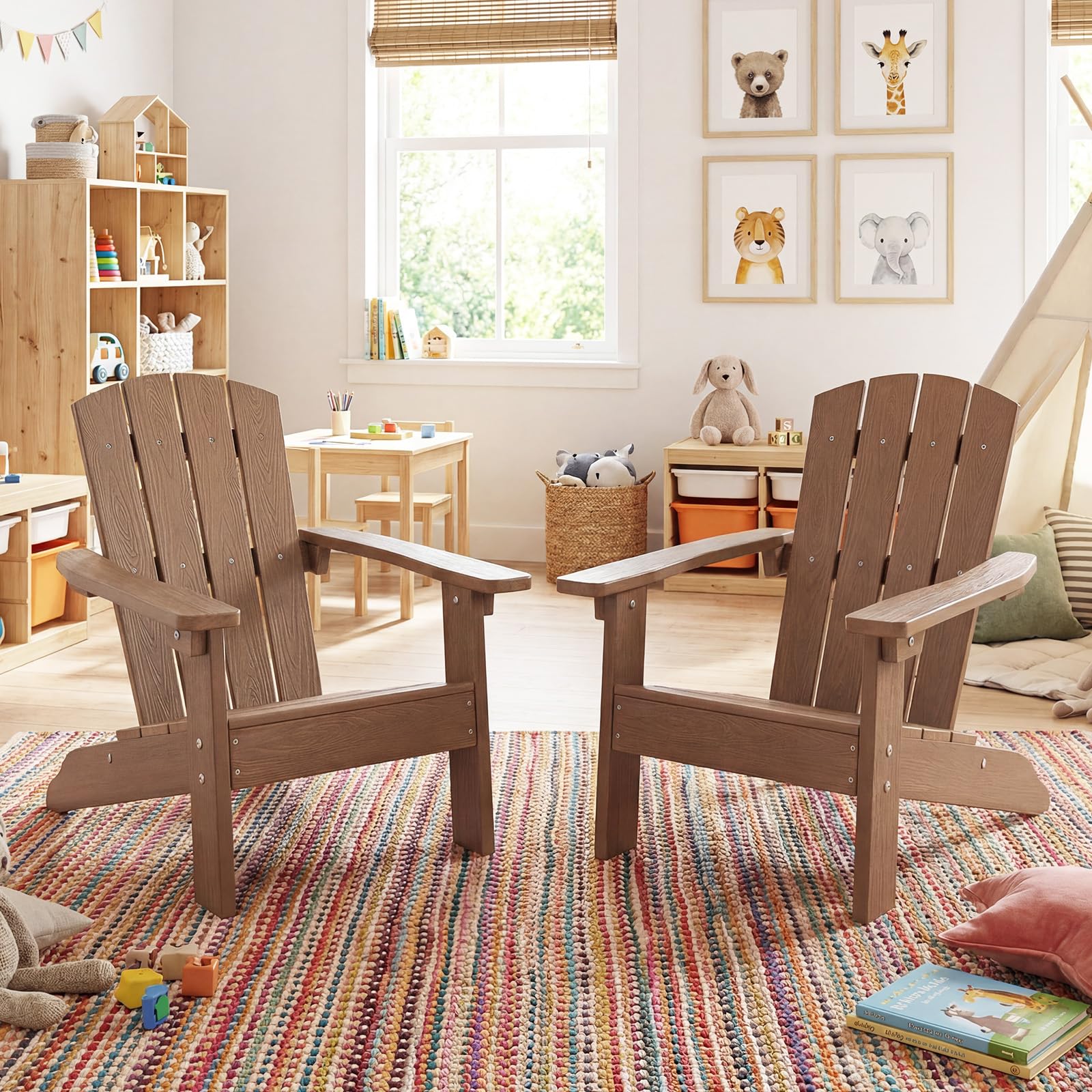 COSTWAY Sedia Adirondack per Bambini, Poltrona da Giardino in Plastica Resistente alle Intemperie con Schienale a Doghe Inclinato, Sedia Adirondack per Patio e Balcone, Portata 75 kg (Marrone)