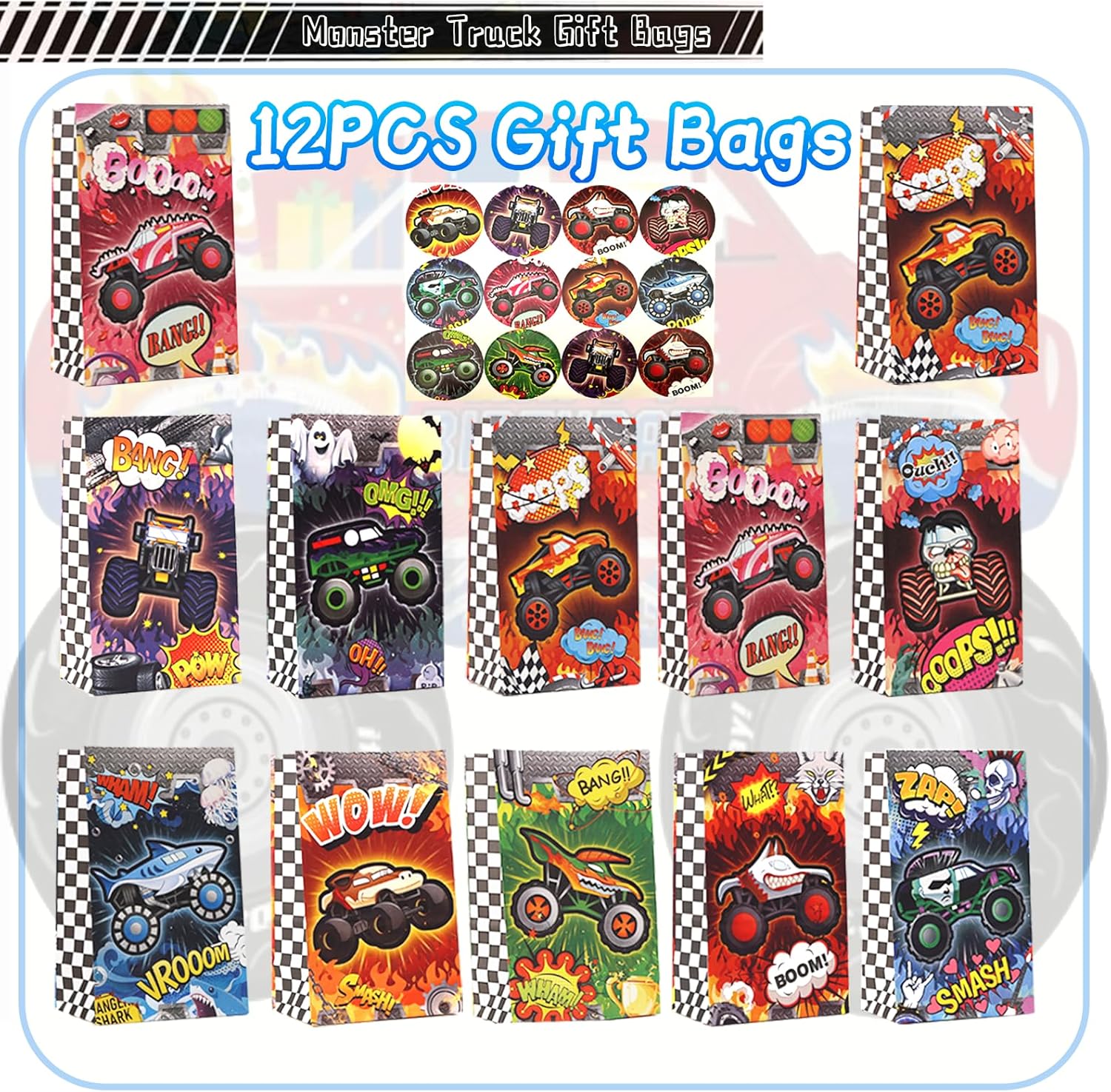 110PCS Monster Truck Party Favors Set,Monster Jam Birthday Decorations Including Truck Theme Slap Bracelets Keychains Gift Bags DIY Stickers Drinking Straws People Monster Truck Birthday Supplies - Image 2