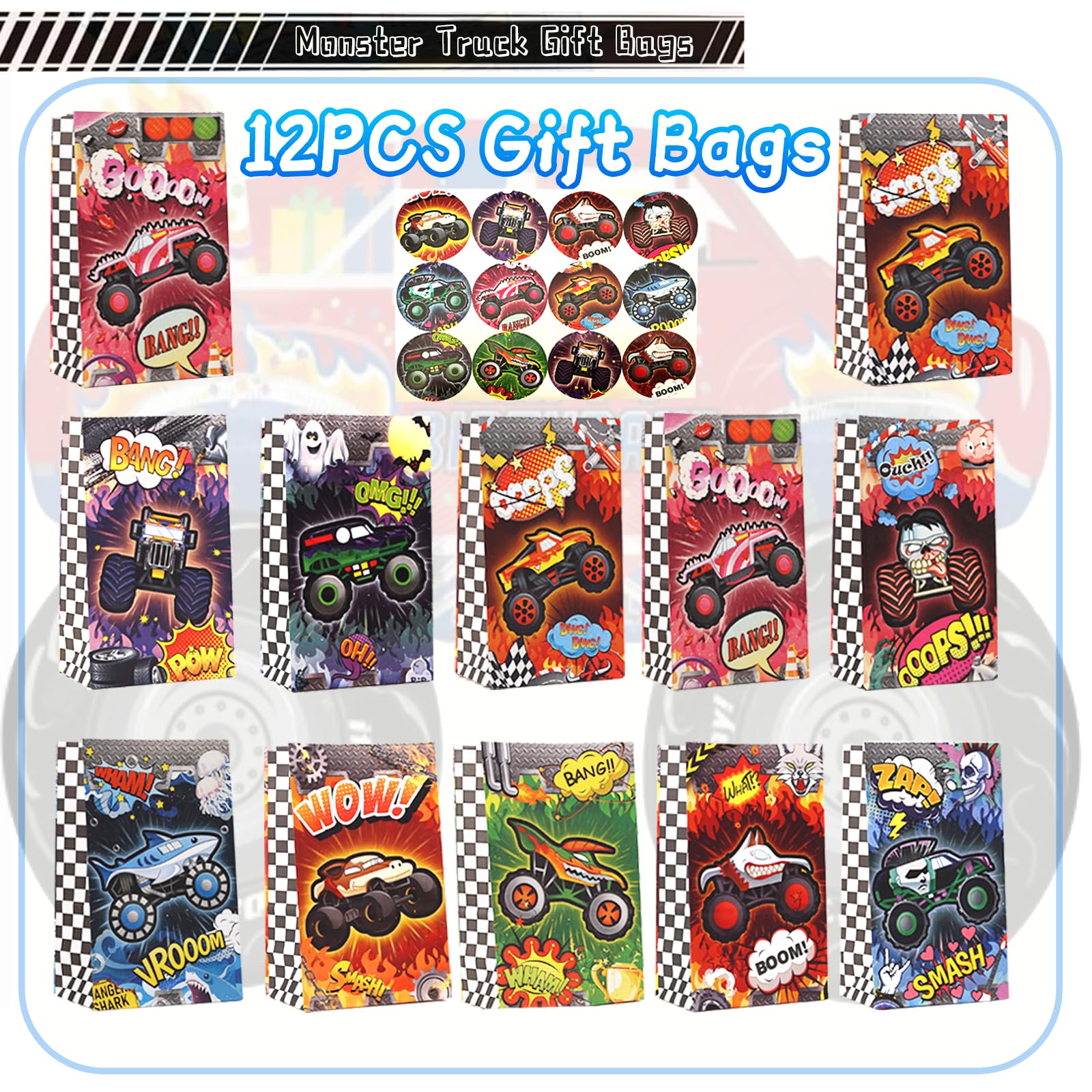 110PCS Monster Truck Party Favors Set,Monster Jam Birthday Decorations Including Truck Theme Slap Bracelets Keychains Gift Bags DIY Stickers Drinking Straws People Monster Truck Birthday Supplies