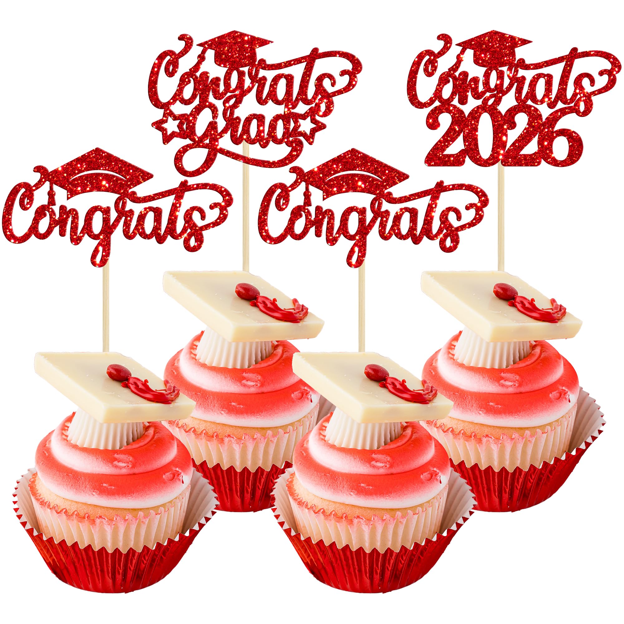 Gyufise 24Pcs 2026 Graduation Cupcake Toppers Glitter Class of 2026 Congrats Grad 2026 Cake Toppers Cap Diploma Cupcake Picks 2026 Graduation Theme Party Cake Decorations Supplies Red