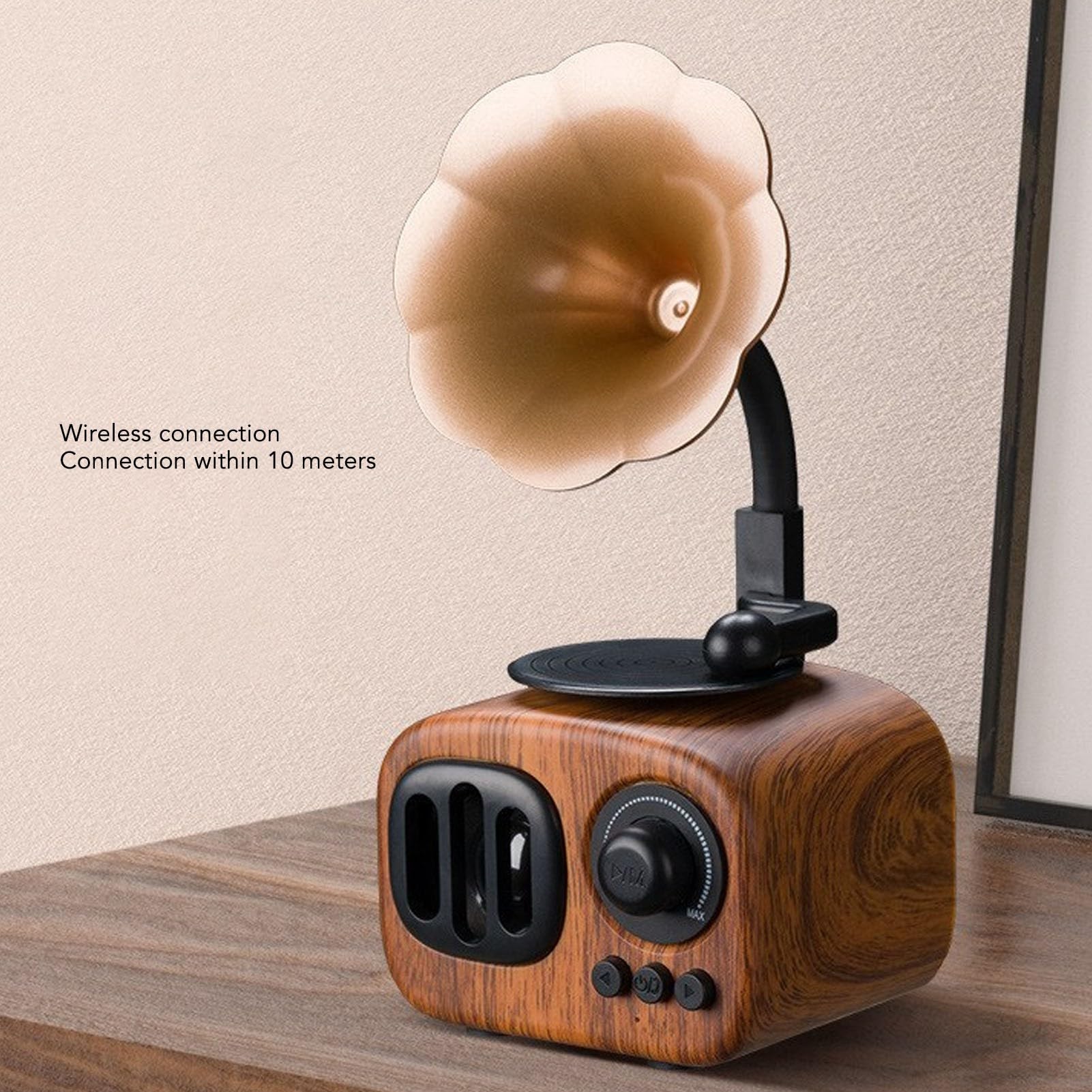 Haut-Parleur Bluetooth Gramophone Vintage, Mini Phonographe en Bois, Haut-Parleur Radio Rétro intégré avec Puce DSP et Antenne, Lecteur de Musique Rétro Prend en Disque U,