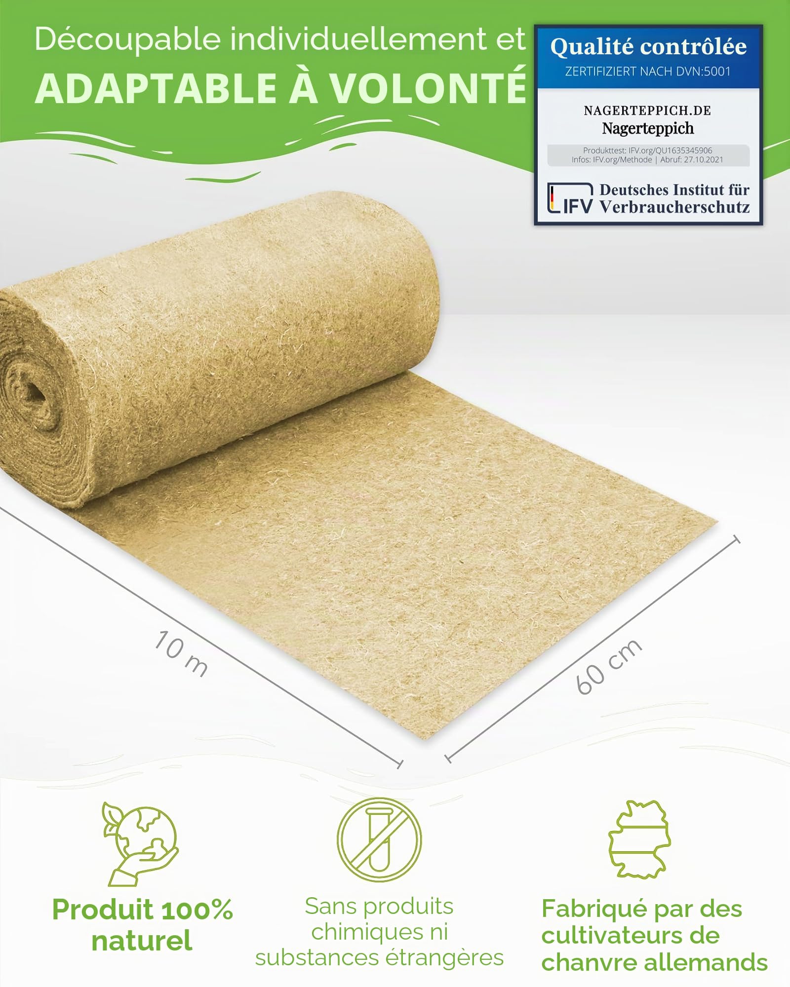 Tapis pour rongeurs en 100 % chanvre sur rouleau de 10 m de long, 60 cm de large, 5 mm d'épaisseur, tapis de chanvre pour tous les types de petits animaux, tapis de chanvre tapis pour rongeurs